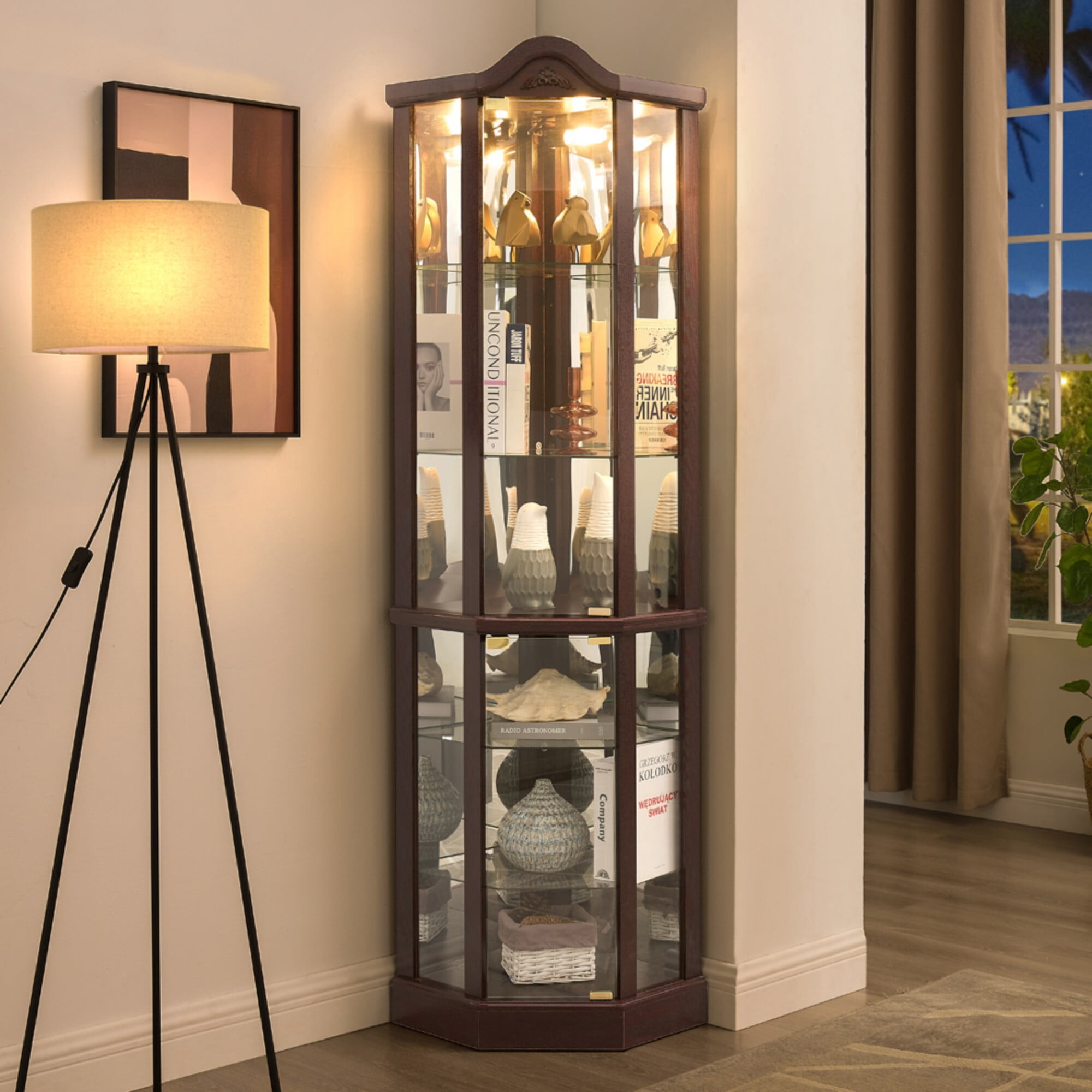 AENKYO Elegant Corner Curio Cabinet with Light Bulb & Adjustable Shelves, Glass Display Case for Collectibles, Cherry