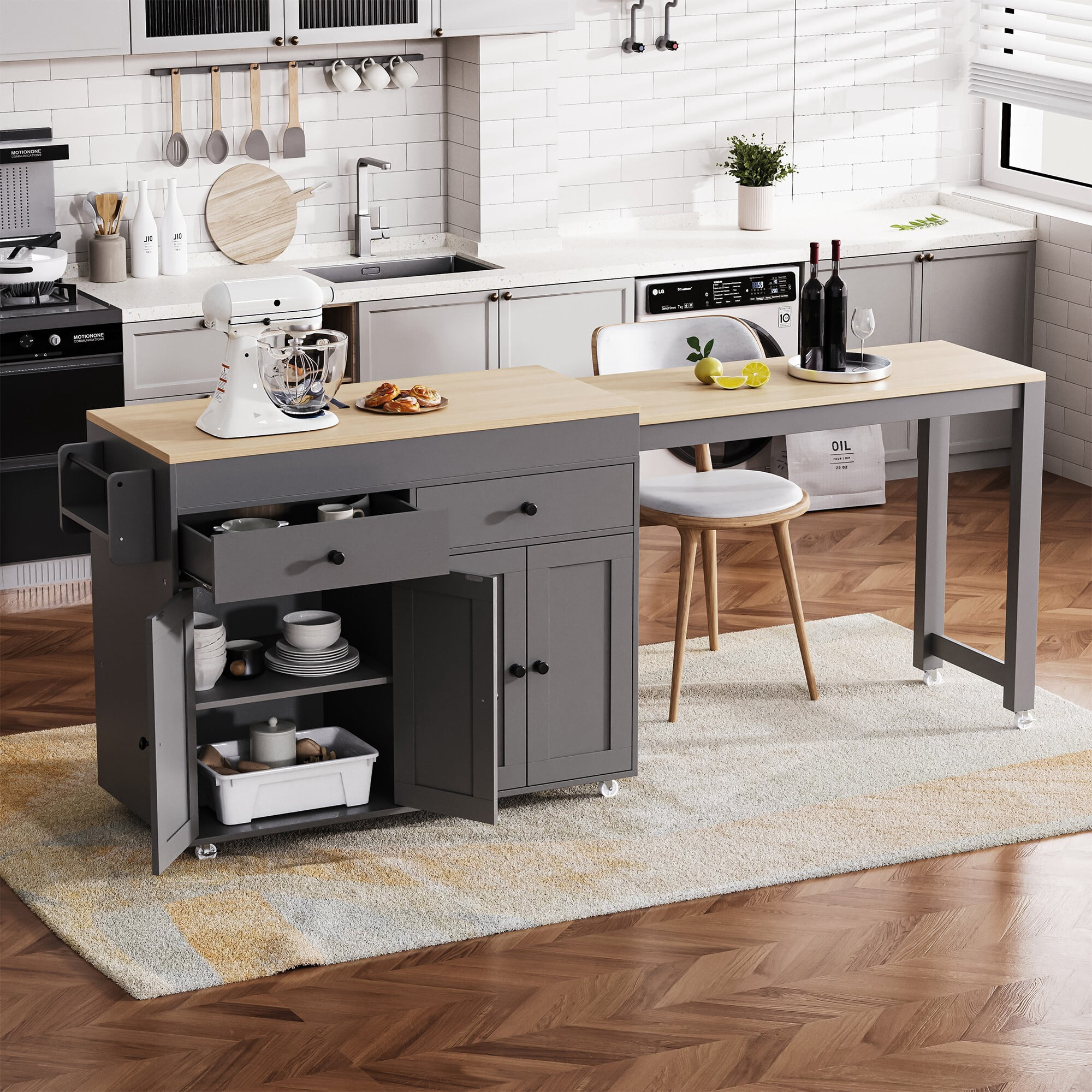 AENKYO Extendable Kitchen Island Cart with Storage, Rolling Dining Table with Drawers & Cabinets, Gray