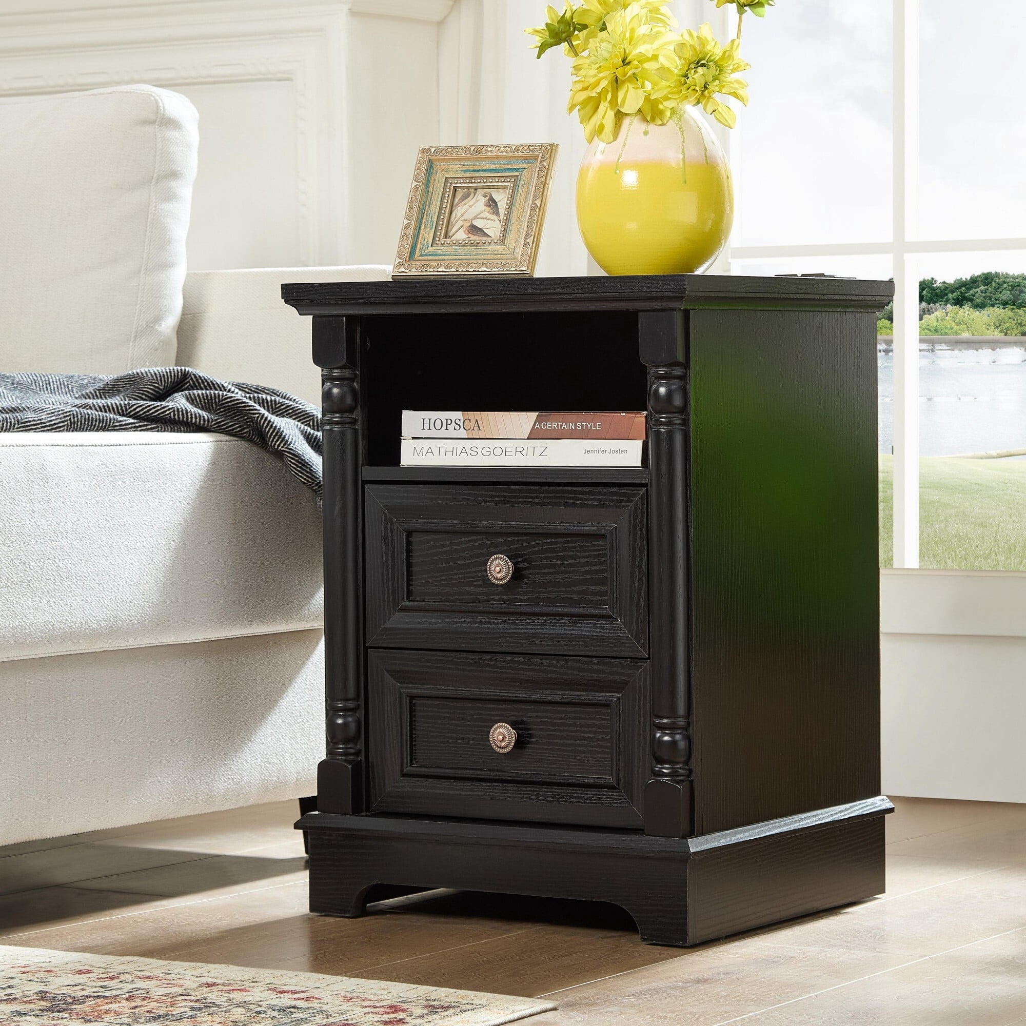 AENKYO Farmhouse 2-Drawer Nightstand with Charging Station, Rustic Wooden End Table for Bedroom & Living Room, Black