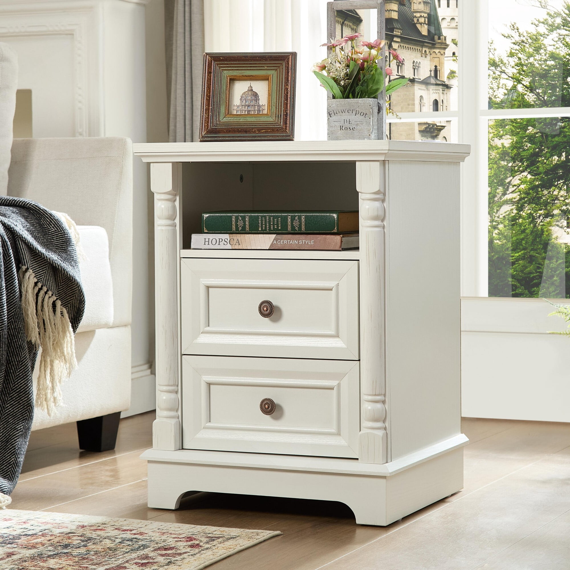 AENKYO Farmhouse 2-Drawer Nightstand with Charging Station, Rustic Wooden End Table for Bedroom & Living Room, White