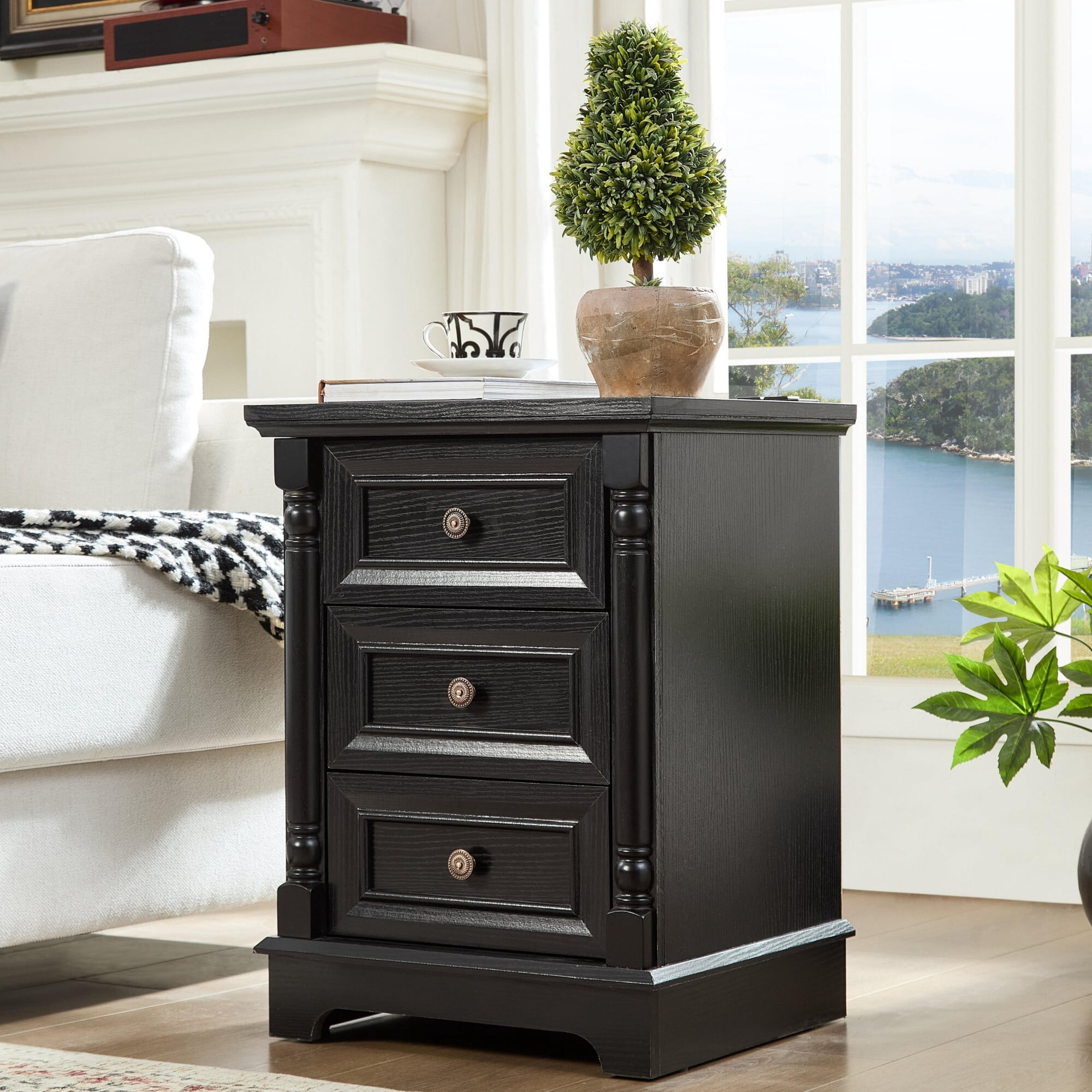 AENKYO Farmhouse 3-Drawer Nightstand with Charging Station, Rustic Wooden End Table for Bedroom & Living Room, Black