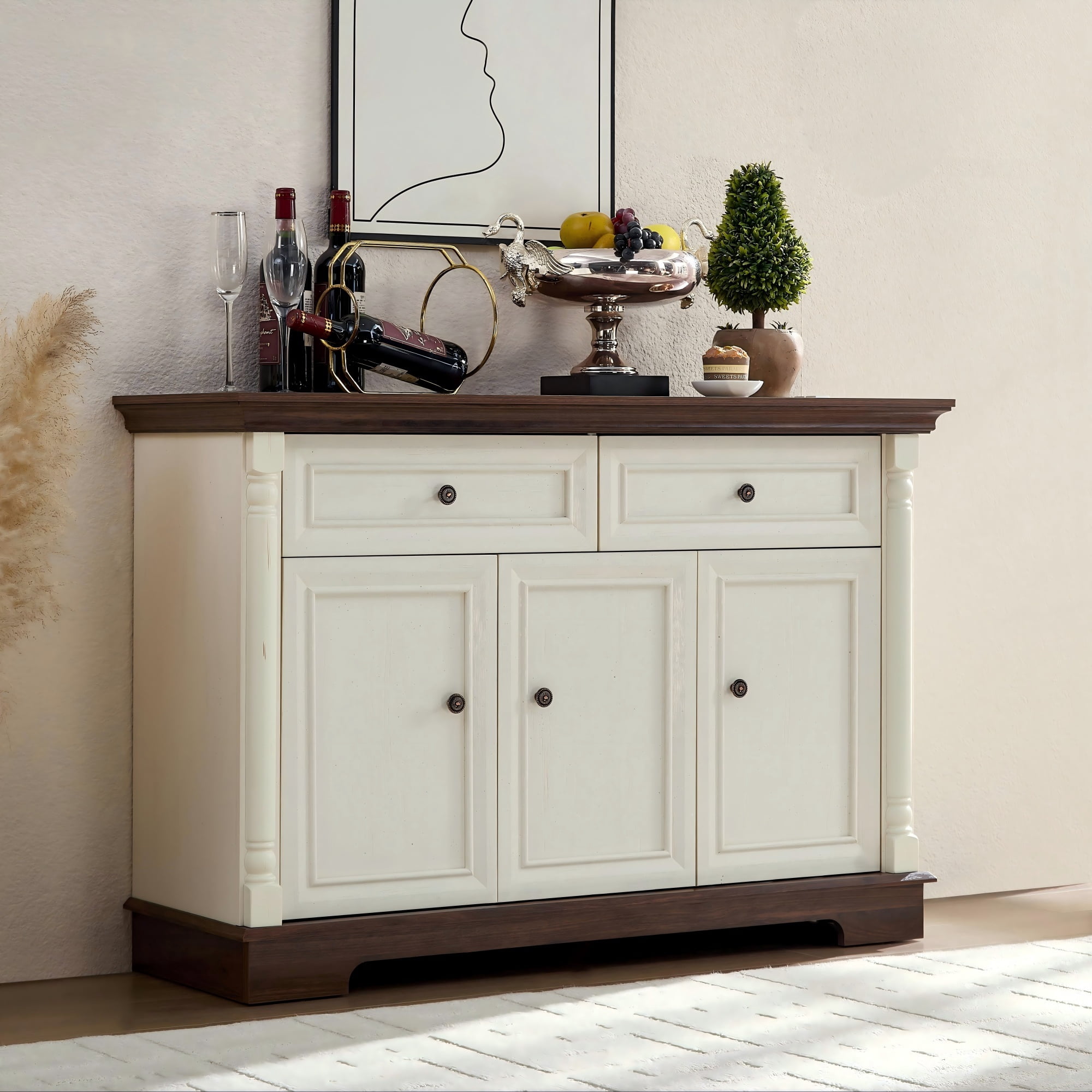 AENKYO Farmhouse Buffet Cabinet with Storage and Charging Station, Rustic Sideboard for Dining or Living Room, Antique White
