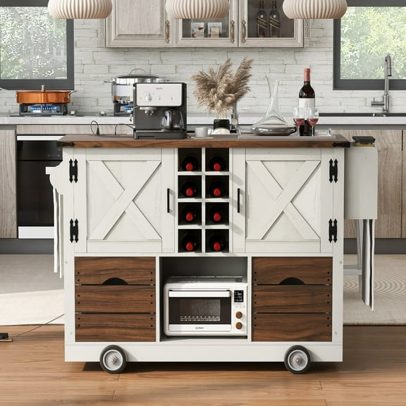AENKYO Farmhouse Kitchen Island with Drop Leaf, Power Outlets, Rolling Storage Cart on Wheels, White & Rustic Brown