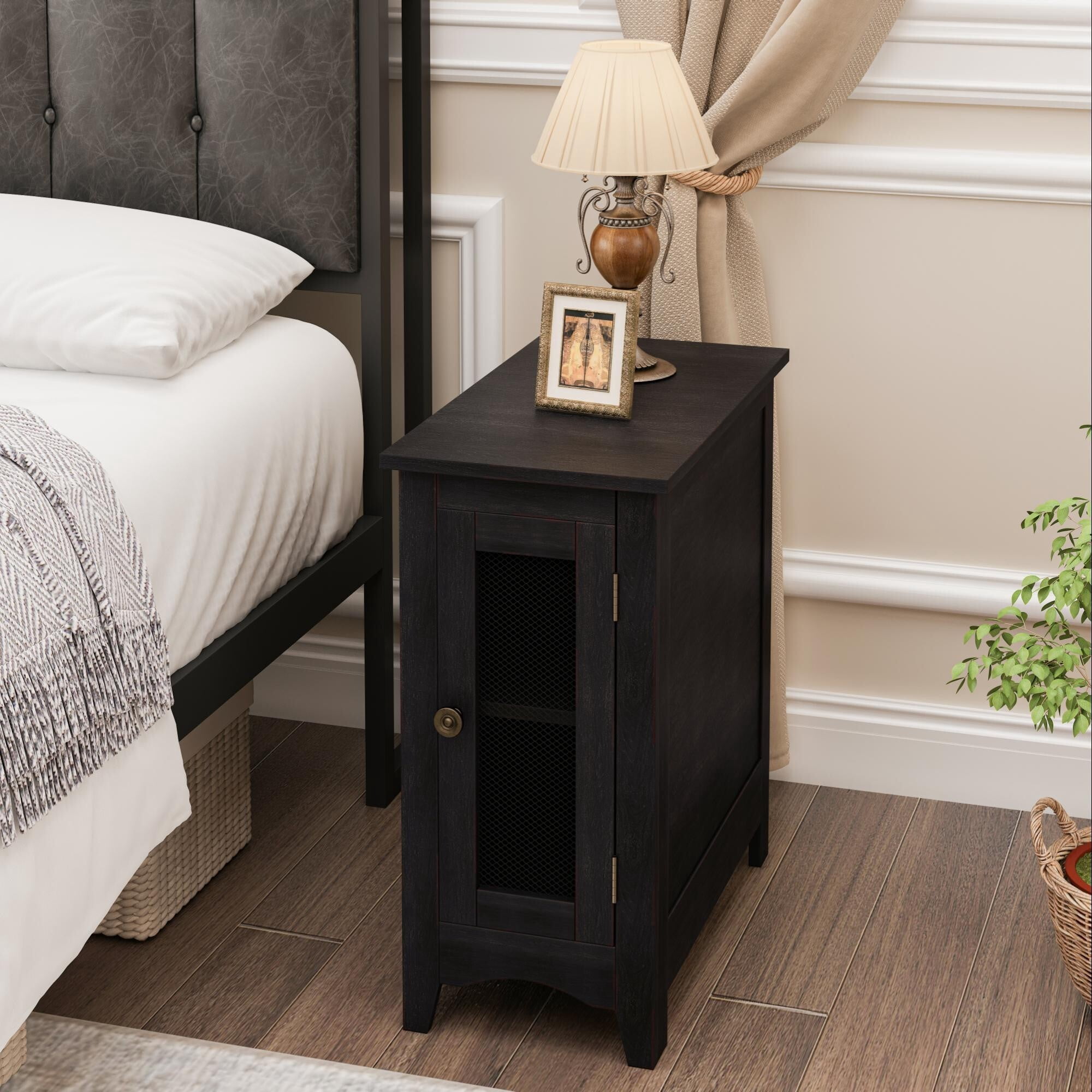 AENKYO Farmhouse Nightstand, Industrial Solid Wood End Table with Storage for Small Spaces, Dark Red Brown Finish