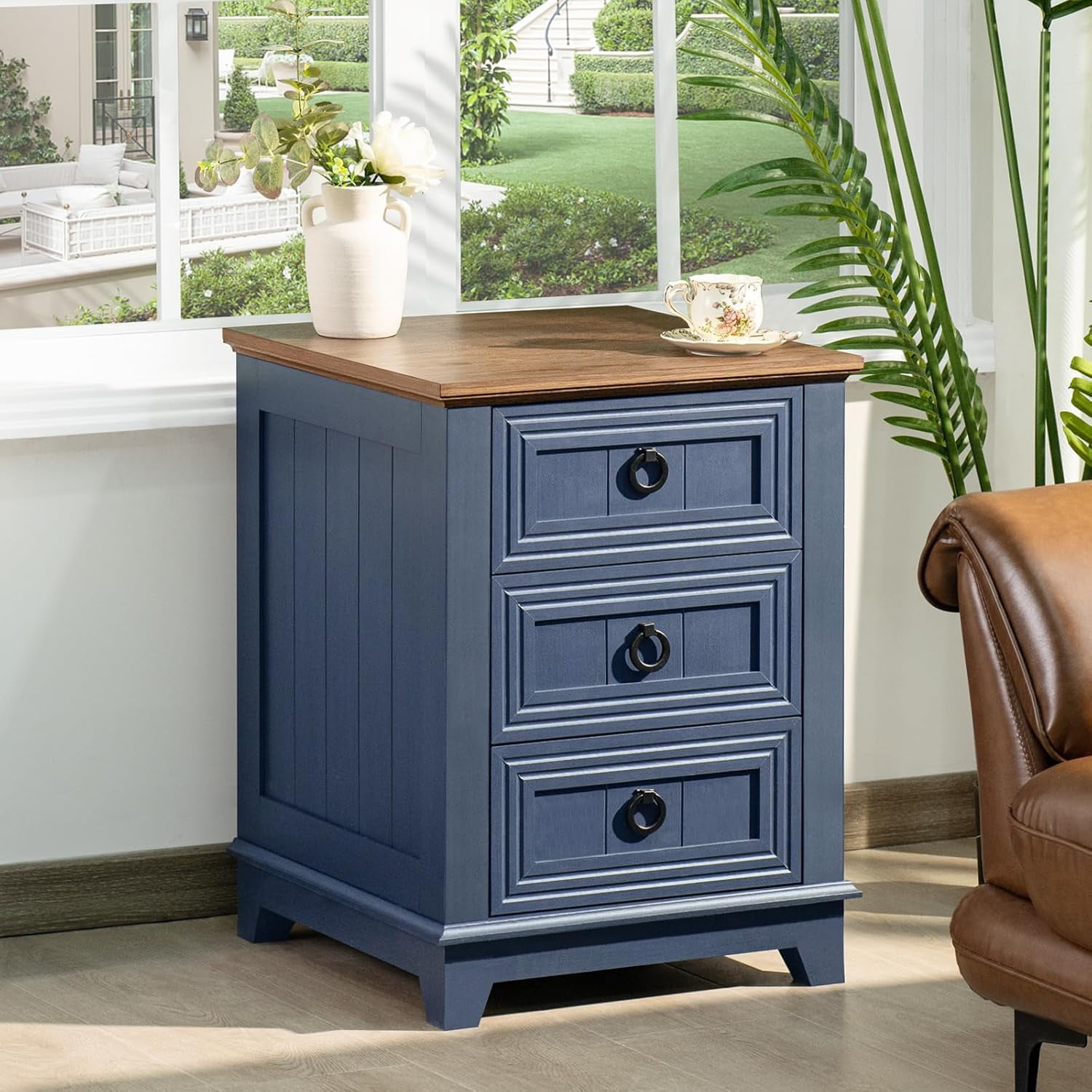 AENKYO Farmhouse Nightstand with 3 Drawers, 18 Oak Finish End Table and  Metal Handles-Blue - Walmart.com, image size:1500x1500