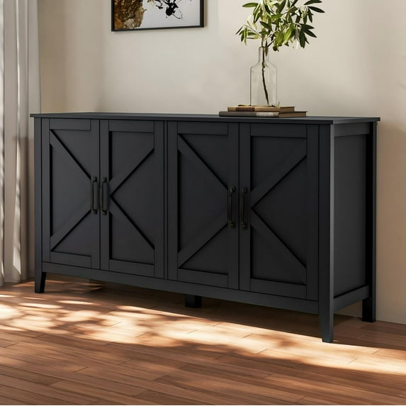 AENKYO Farmhouse Storage Cabinet with Barn Doors, Sideboard Buffet Console Table with Adjustable Shelves, Black