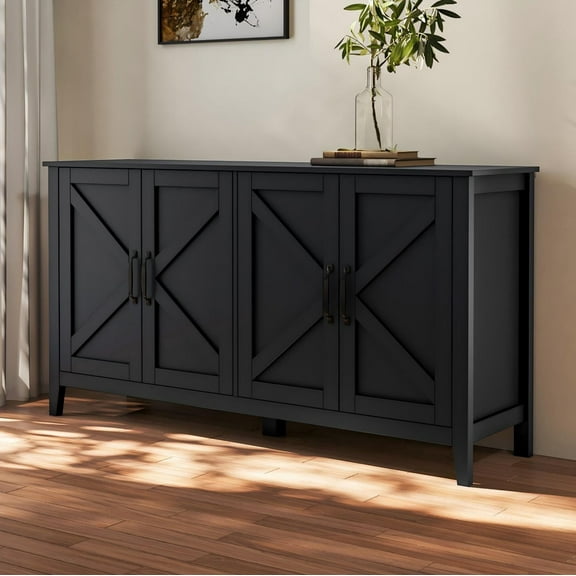 AENKYO Farmhouse Storage Cabinet with Barn Doors, Sideboard Buffet Console Table with Adjustable Shelves, Black
