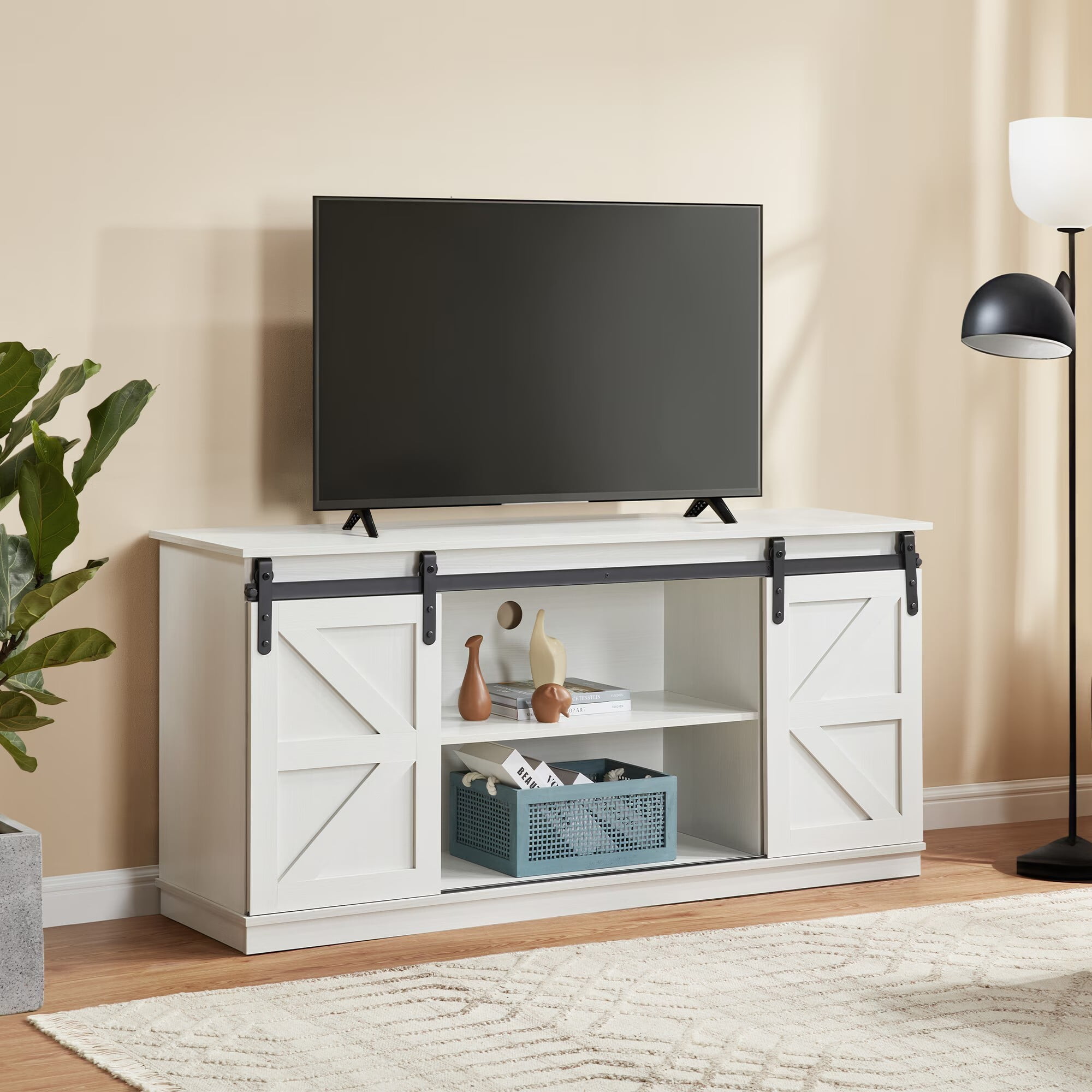 AENKYO Farmhouse TV Stand for TVs up to 65", Sliding Barn Doors, Adjustable Shelves, Cable Management, White