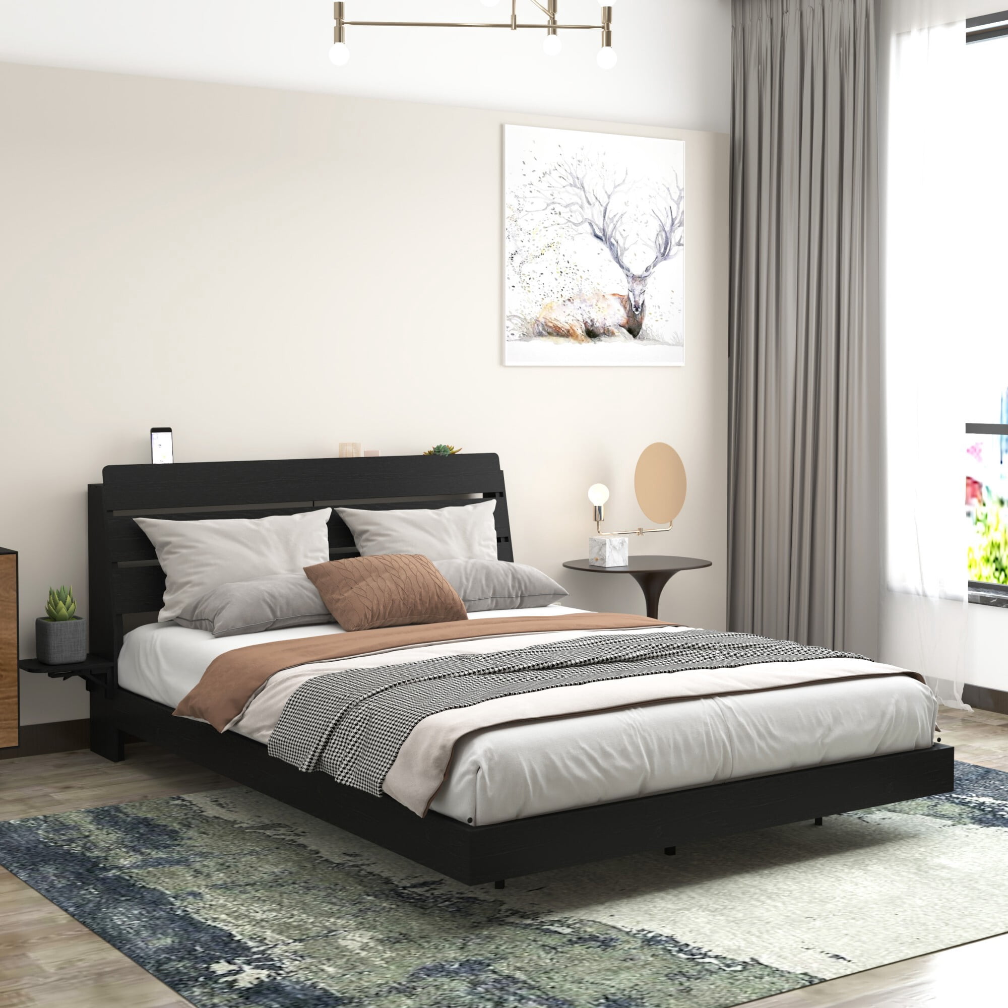 AENKYO Floating Design Queen Bed Frame with LED Lights, Foldable Tabletops, Storage Headboard with USB Charging, Black