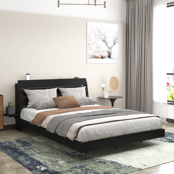 AENKYO Floating Design Queen Bed Frame with LED Lights, Foldable Tabletops, Storage Headboard with USB Charging, Black