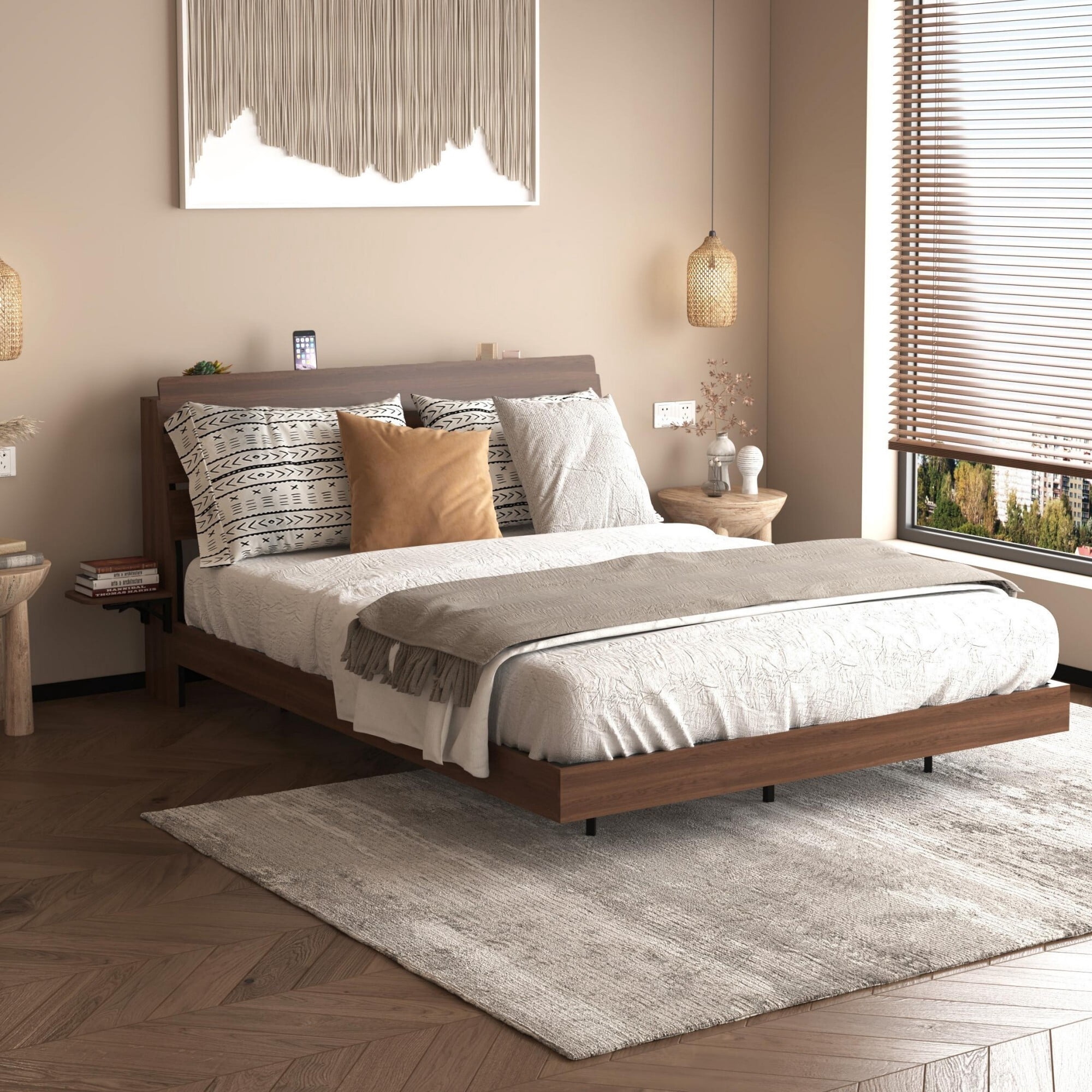 AENKYO Floating Design Queen Bed Frame with LED Lights, Foldable Tabletops, Storage Headboard with USB Charging, Walnut