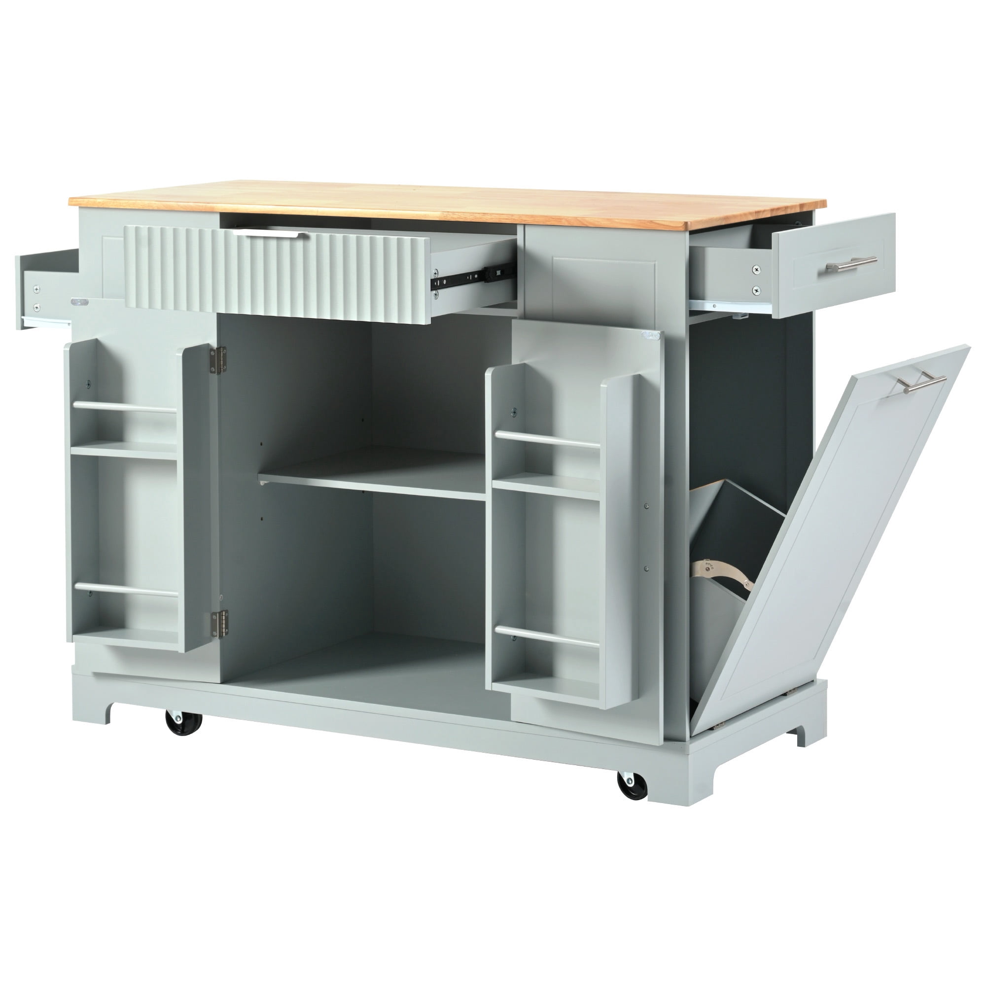AENKYO Fluted Kitchen Island with Trash Can Storage Cabinet, Power Outlet, Internal Storage Rack, Rolling Kitchen Islands on 5 Wheels with 3 Drawer, 3 Open Side Racks for 10 Gallon Garbage Bin,Green