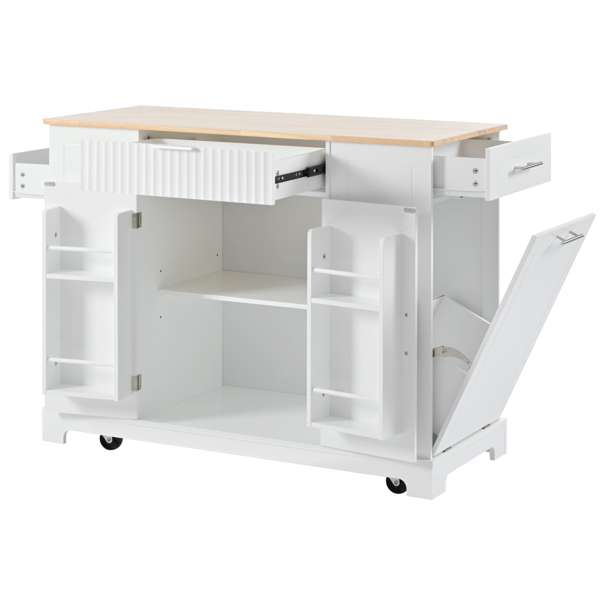 AENKYO Fluted Kitchen Island with Trash Can Storage Cabinet, Power ...
