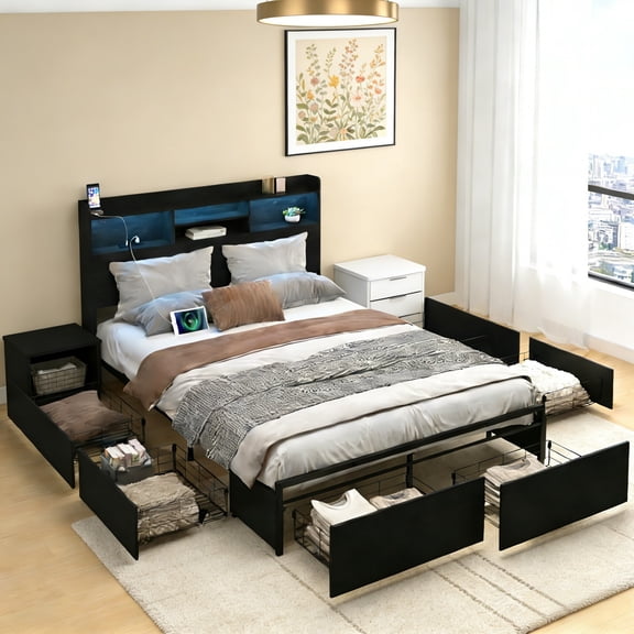 AENKYO Full Size Bed Frame with 6 Storage Drawers & LED Lights - Storage Headboard with Charging, Noise-Free, Black