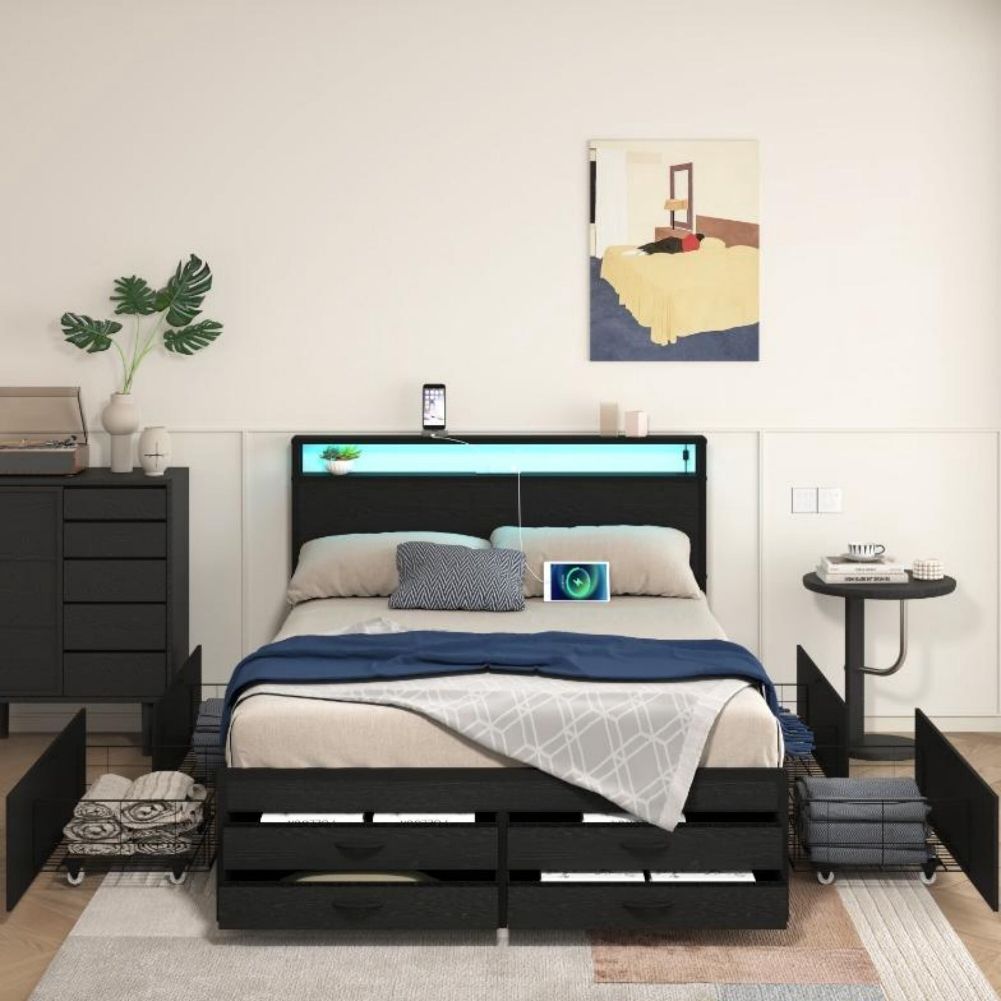 AENKYO Full Size Bed Frame with 8 Storage Drawers, Headboard with Charging Station and LED Lights, Black