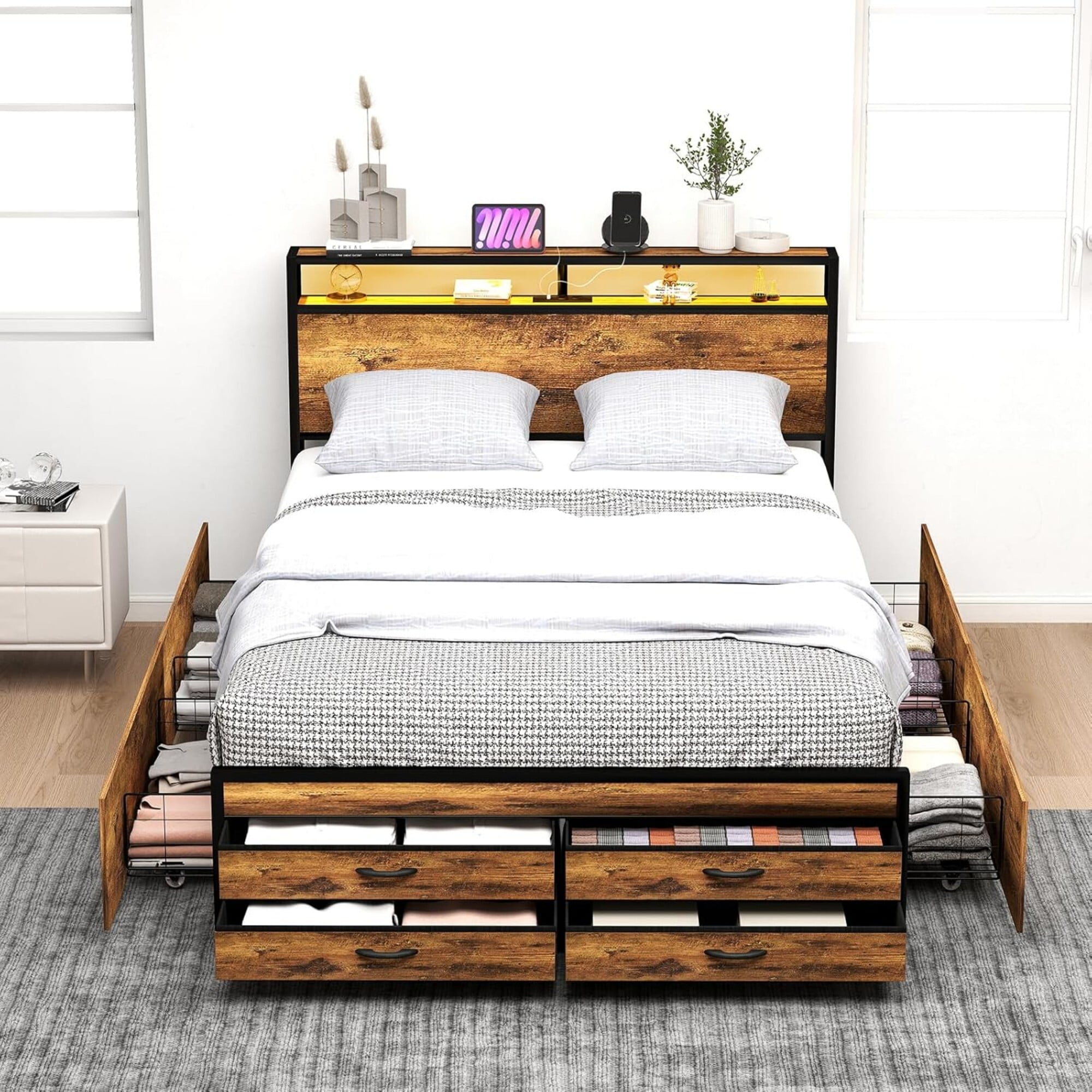 AENKYO Full Size Bed Frame with 8 Storage Drawers, Headboard with Charging Station and LED Lights, Rustic Brown