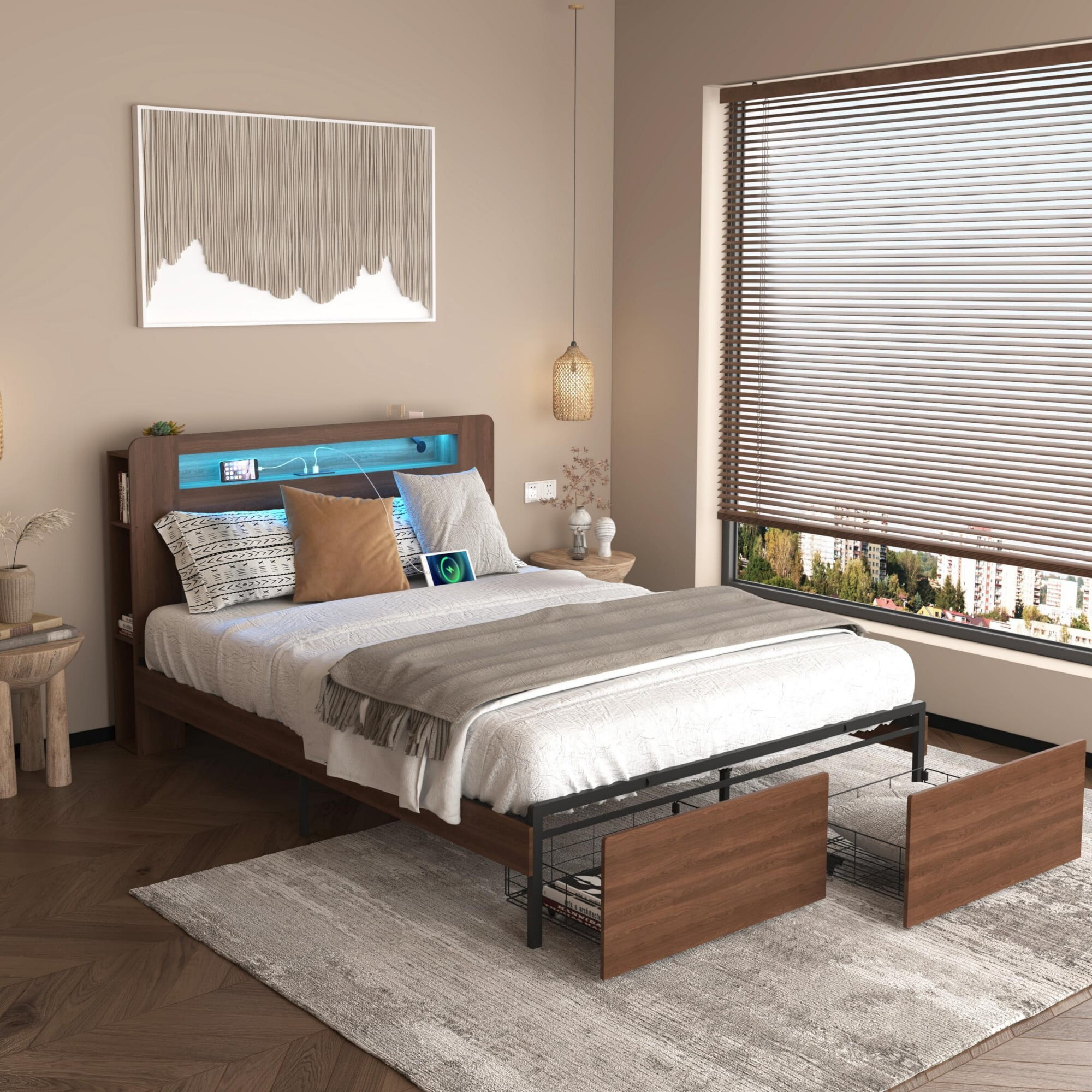 AENKYO Full Size Bed Frame with Bookshelf Headboard, Charging Station, 2 Drawers & Smart LED Lights, Walnut Color