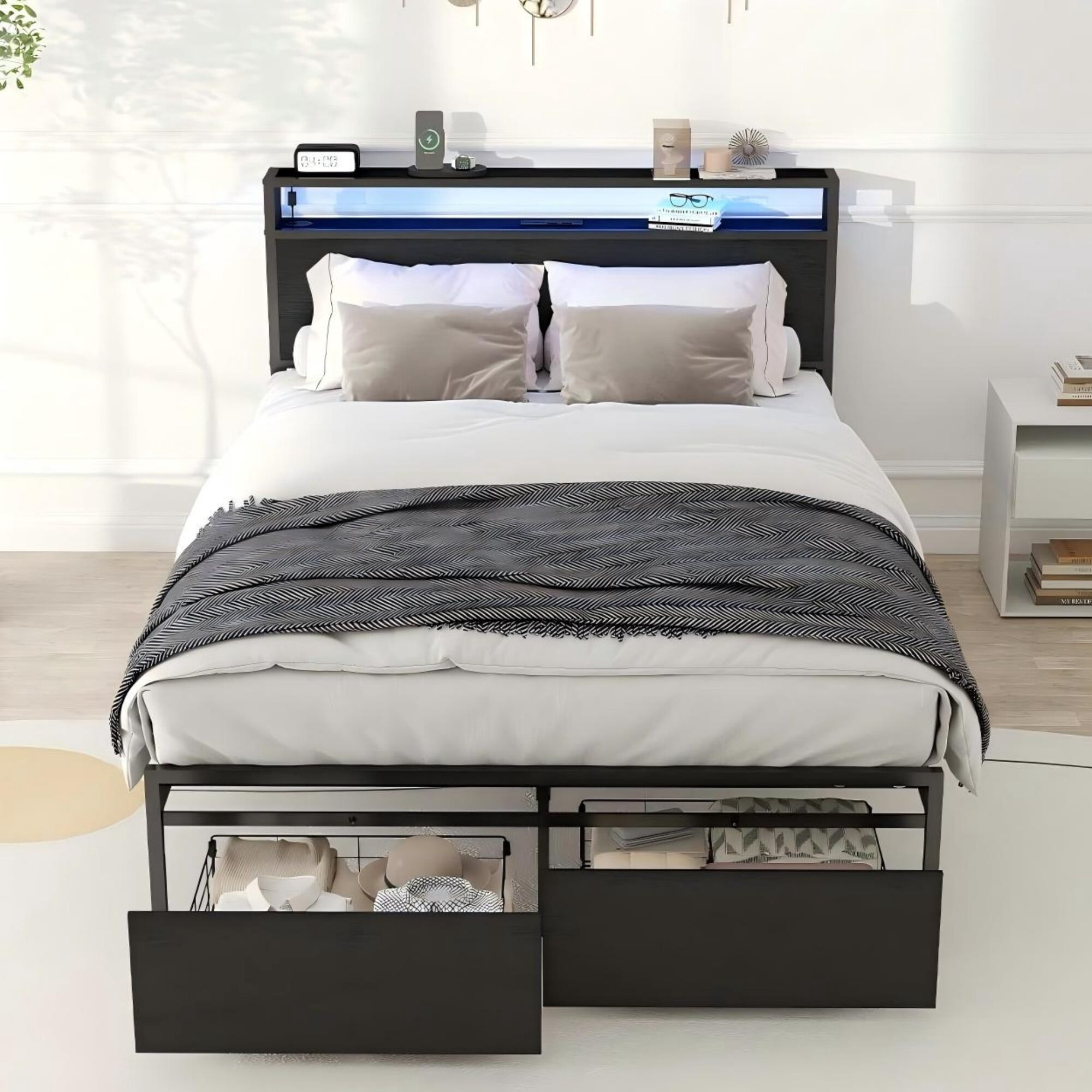 AENKYO Full Size Bed Frame with LED Lights, Storage Headboard & 2 Drawers, Built-in Charging Station, Antique Black