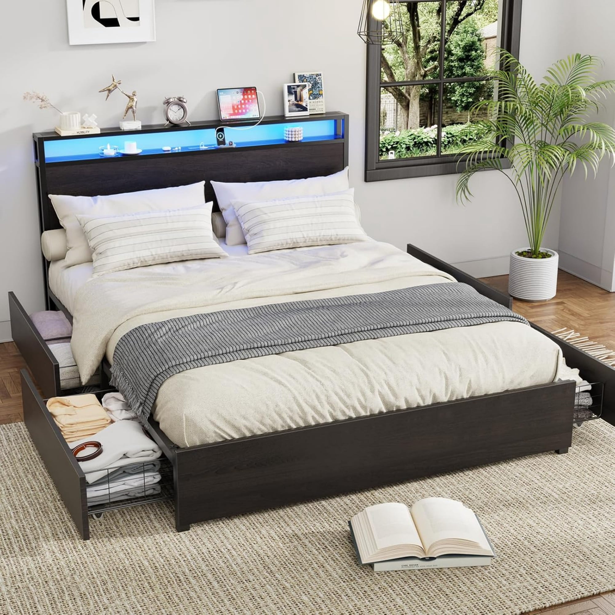 AENKYO Full Size Bed Frame with LED Lights, Storage Headboard & 4 Drawers, Built-in Charging Station, Antique Black
