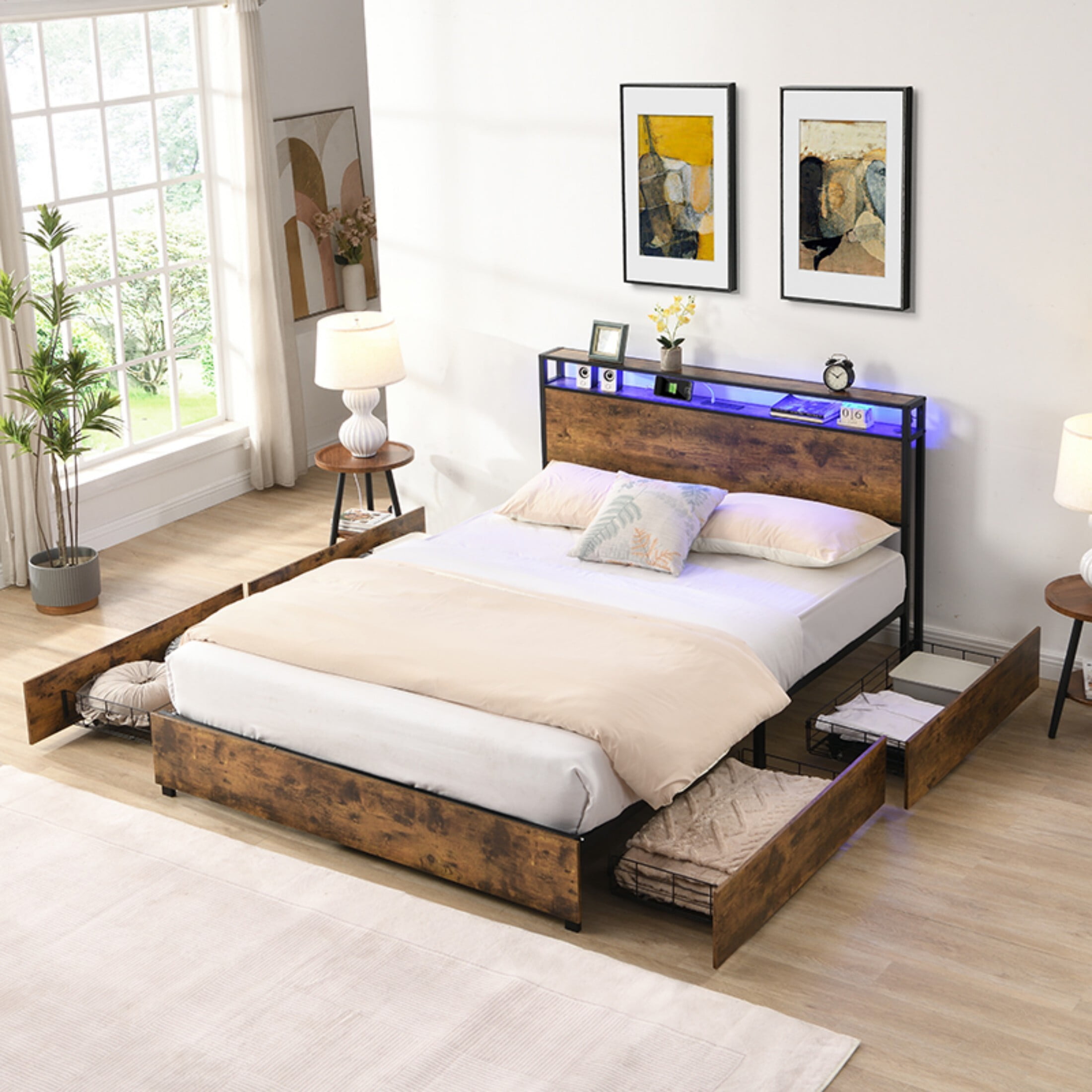 AENKYO Full Size Bed Frame with LED Lights and Charging Station, Platform Bed Frame with 4 Drawers, Rustic Brown