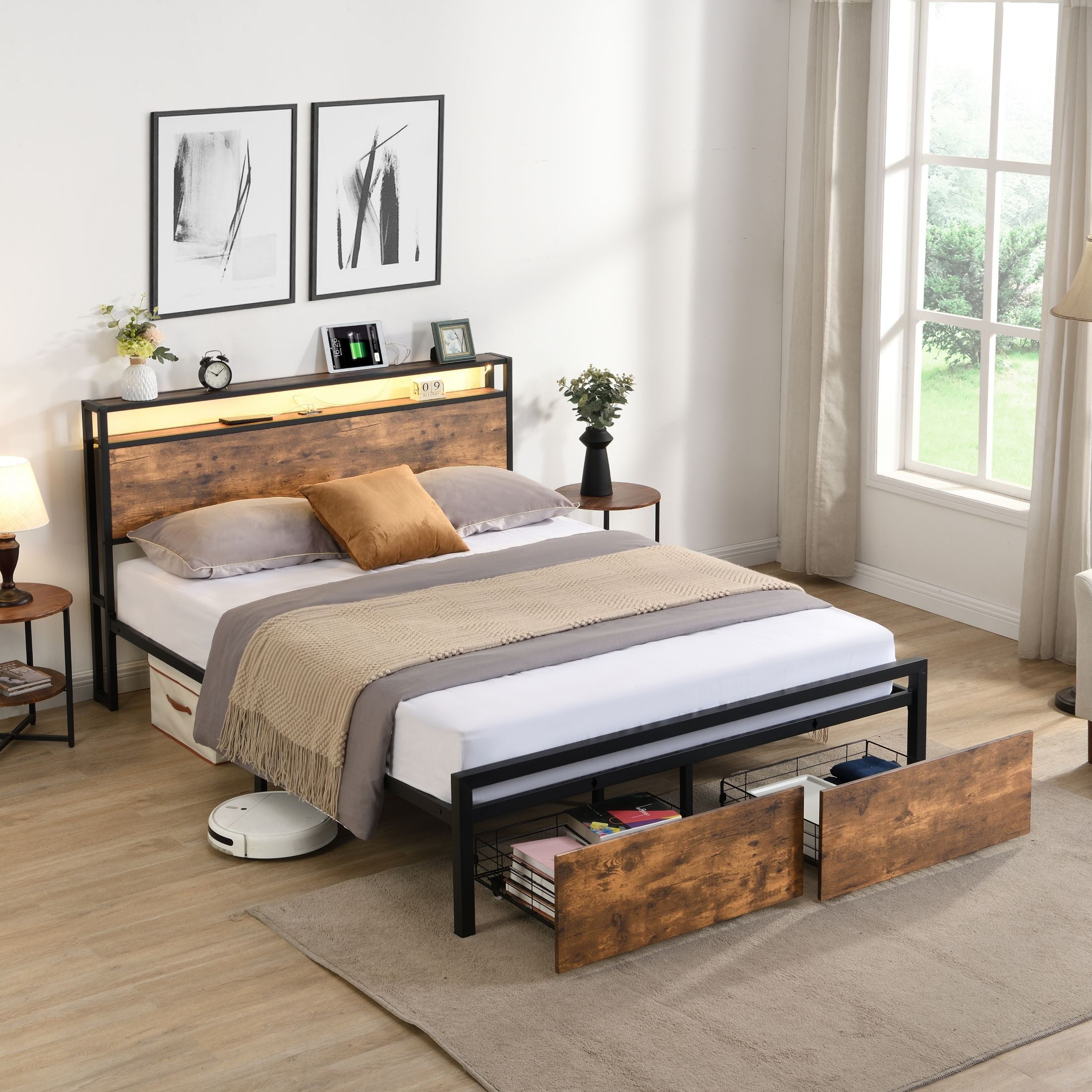 AENKYO Full Size Bed with LED Lights and Charging Station, Platform Bed Frame with Under-bed Drawers, Rustic Brown
