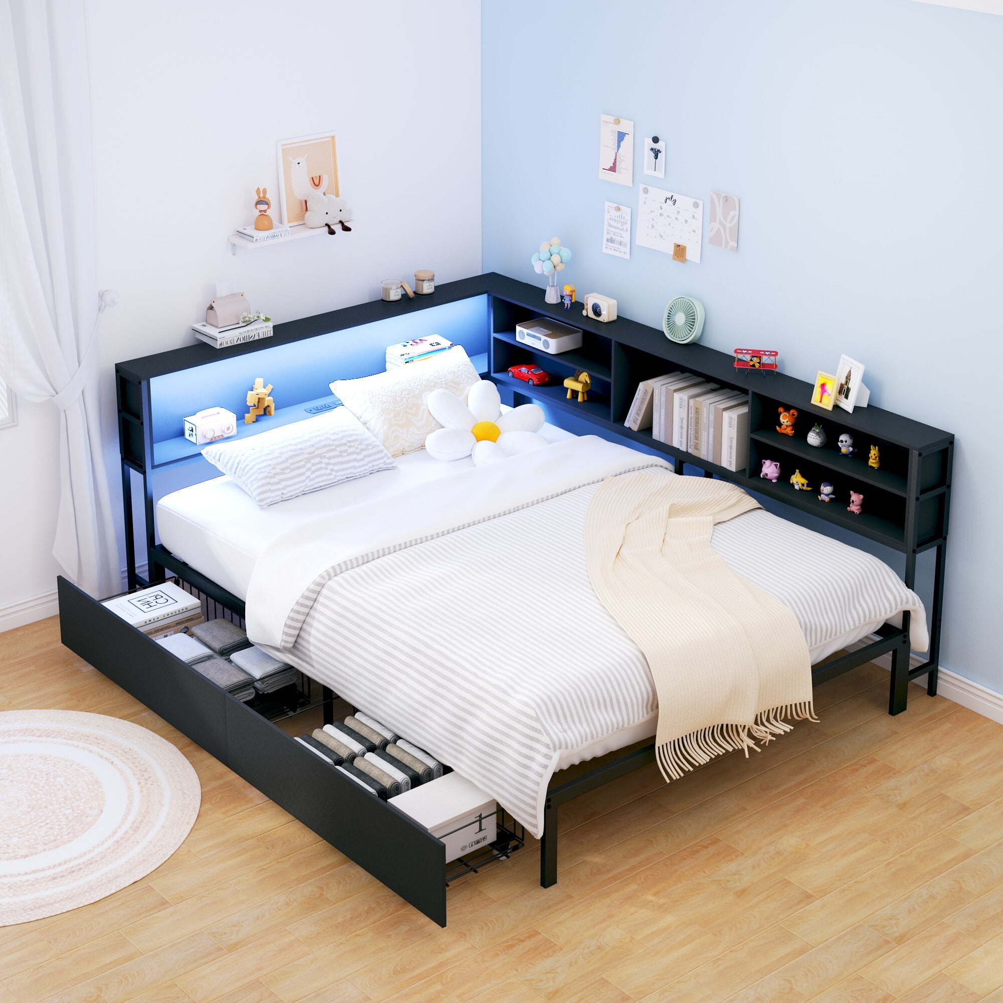 AENKYO Full Size Corner Bed Frame with Charging Station, Smart LED Lights, Bookshelf Headboard & 2 Drawers, Black