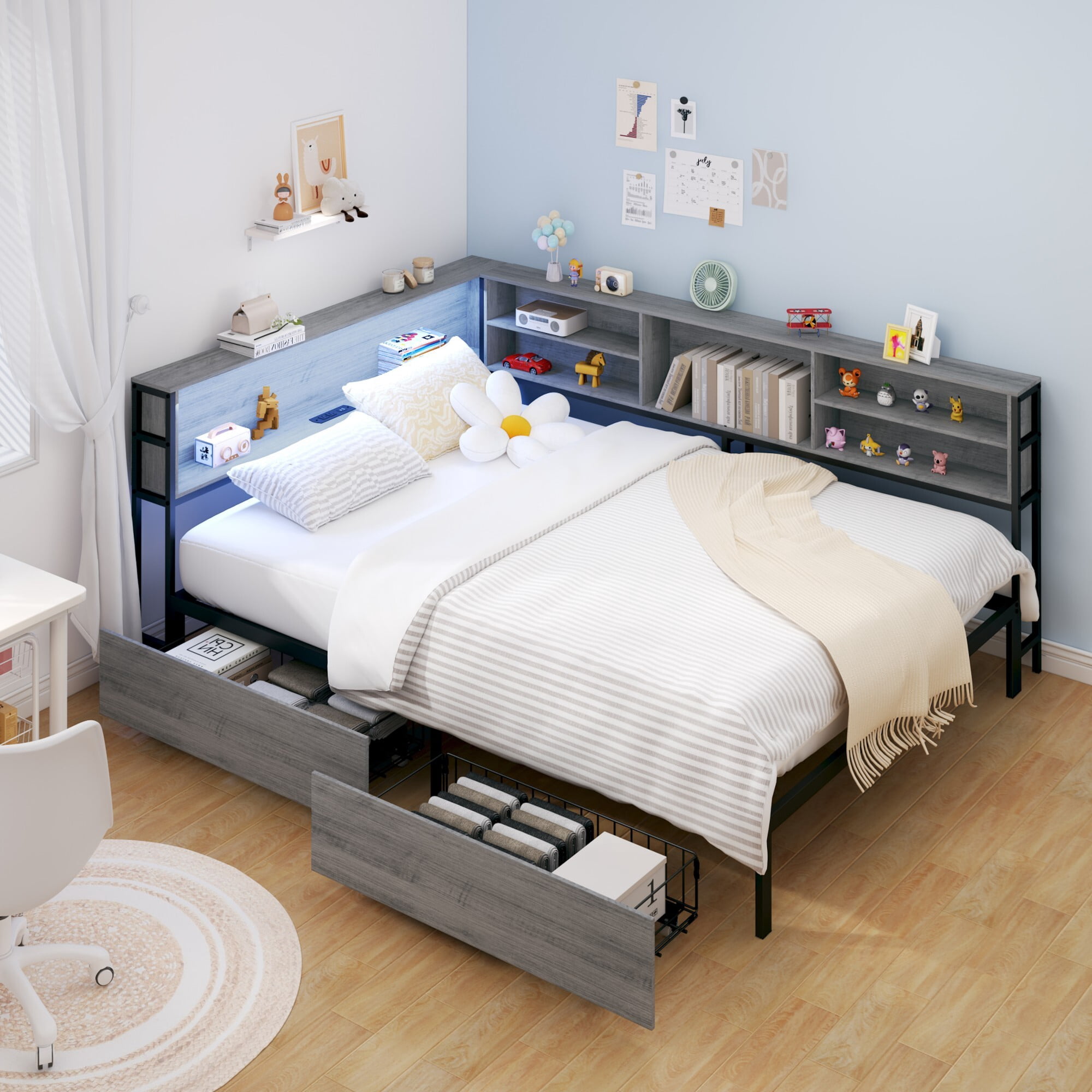 AENKYO Full Size Corner Daybed Frame with 2 Drawers, Bookcase Headboard, Charging Station, and Smart LED Lights, Gray