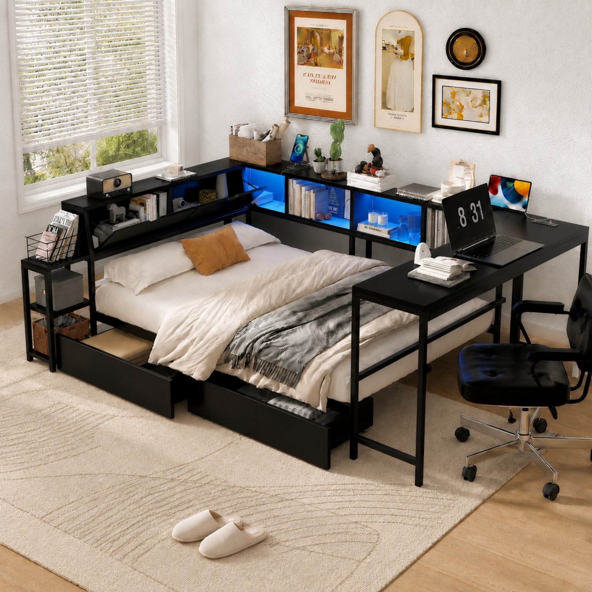 AENKYO Full Size Corner Daybed with Desk & Storage Headboard, LED Lights, Power Outlets & Drawers, Black