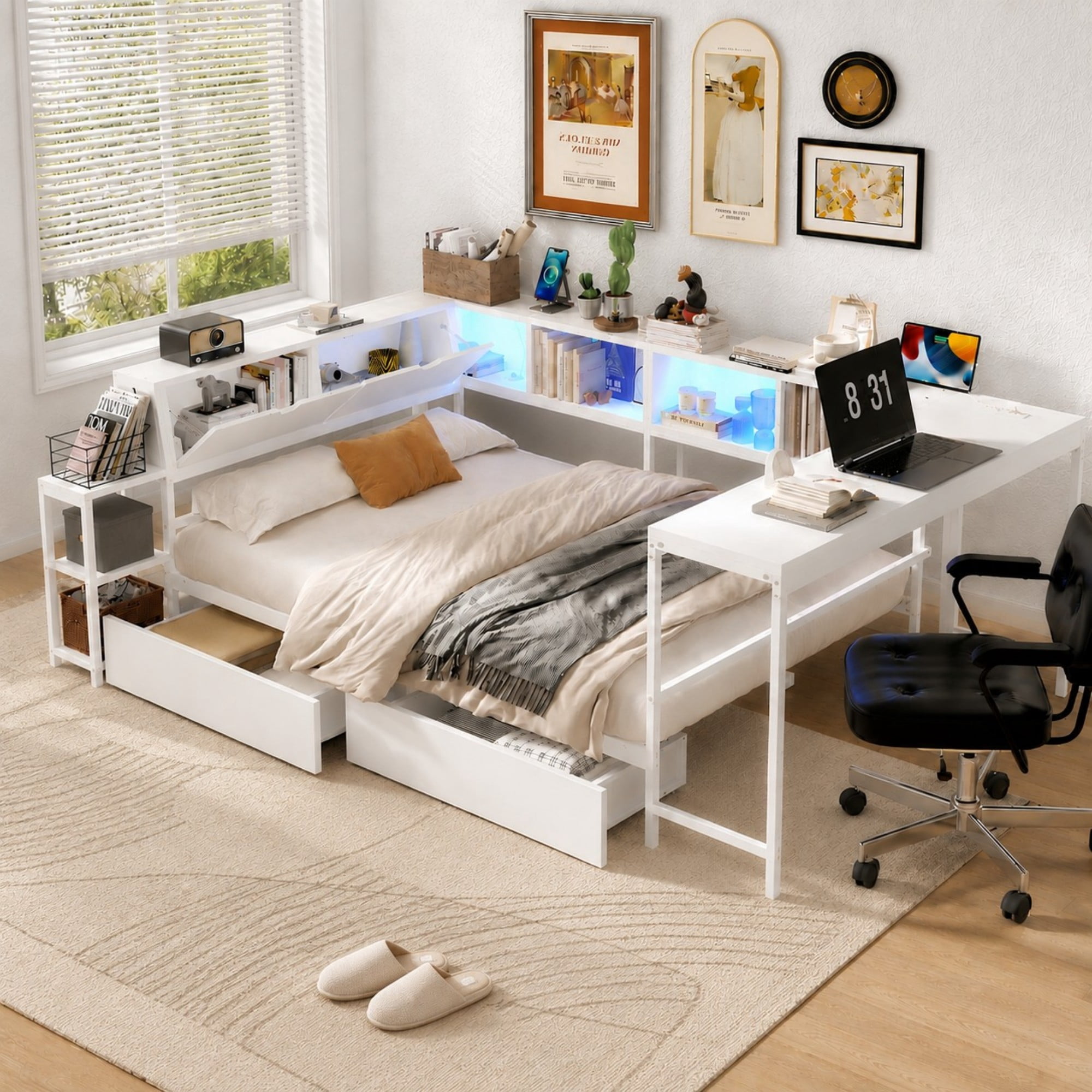 AENKYO Full Size Corner Daybed with Desk & Storage Headboard, LED Lights, Power Outlets & Drawers, White