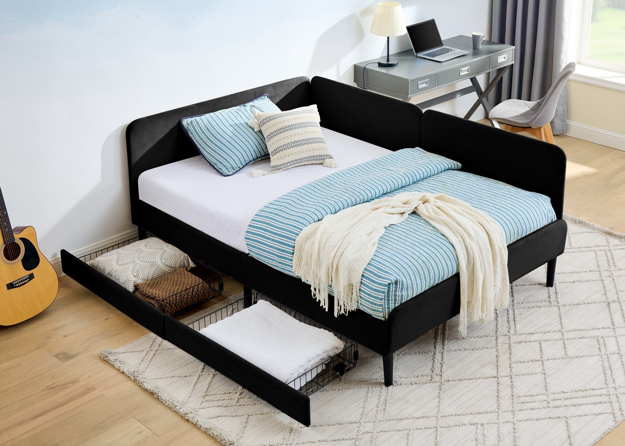 AENKYO Full Size Upholstered Daybed with Adjustable Backrest, Velvet Sofa Bed Frame with 2 Storage Drawers, Black