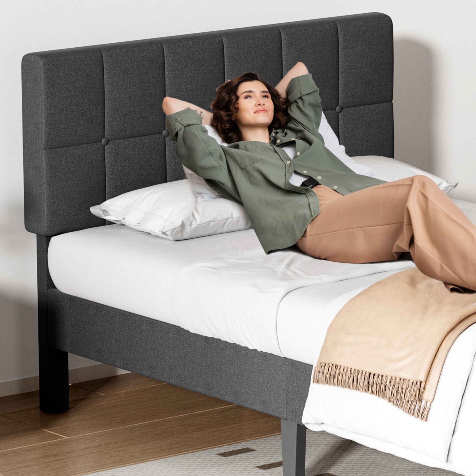 AENKYO Full Size Upholstered Platform Bed Frame with Adjustable Headboard, Linen Fabric, No Box Spring Needed, Dark Gray