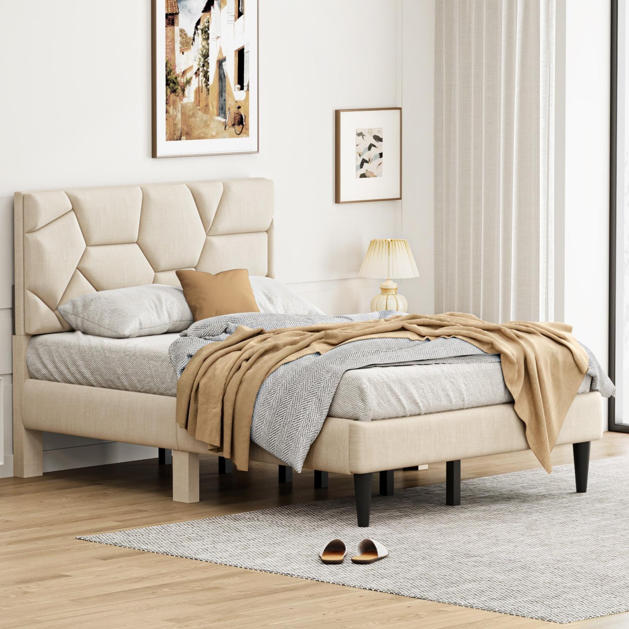 AENKYO Full Size Upholstered Platform Bed Frame with Linen Headboard, Sturdy Support, No Box Spring Needed, Beige