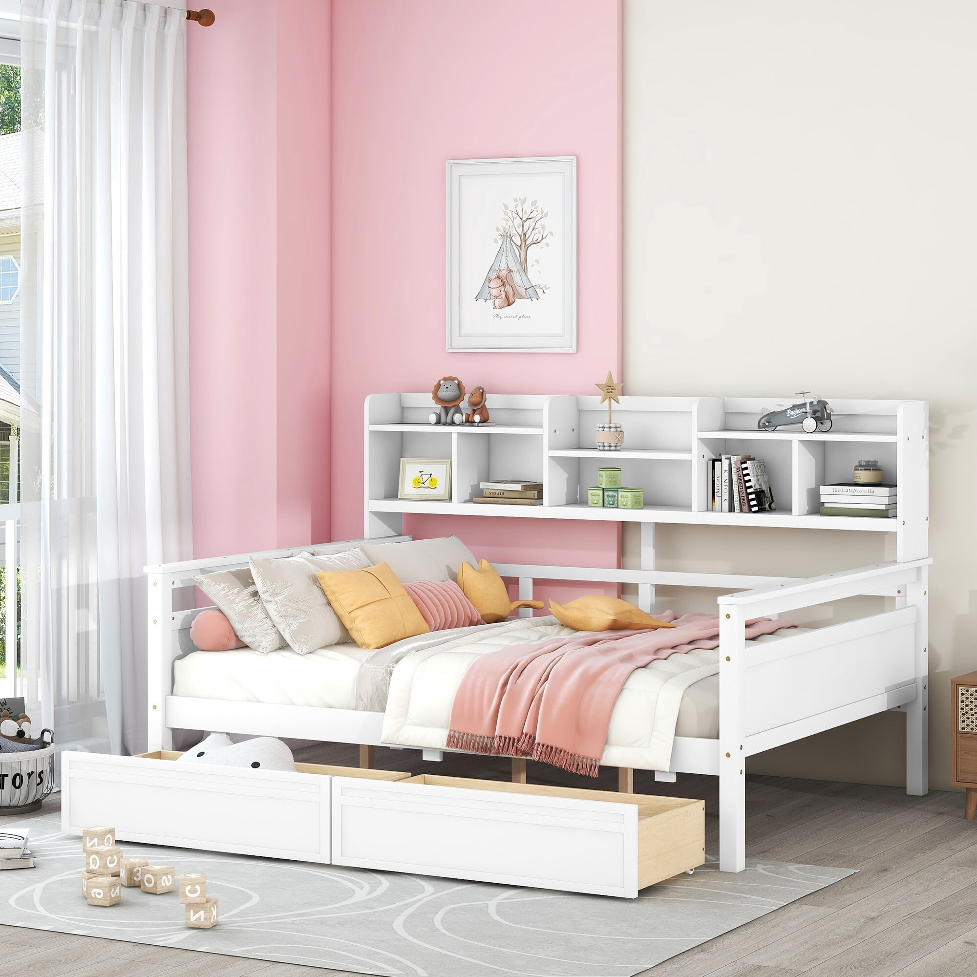AENKYO Full Size Wooden Daybed Bed Frame with 2 Storage Drawers and Headboard Shelf, Solid Wood Sofa Bed, White