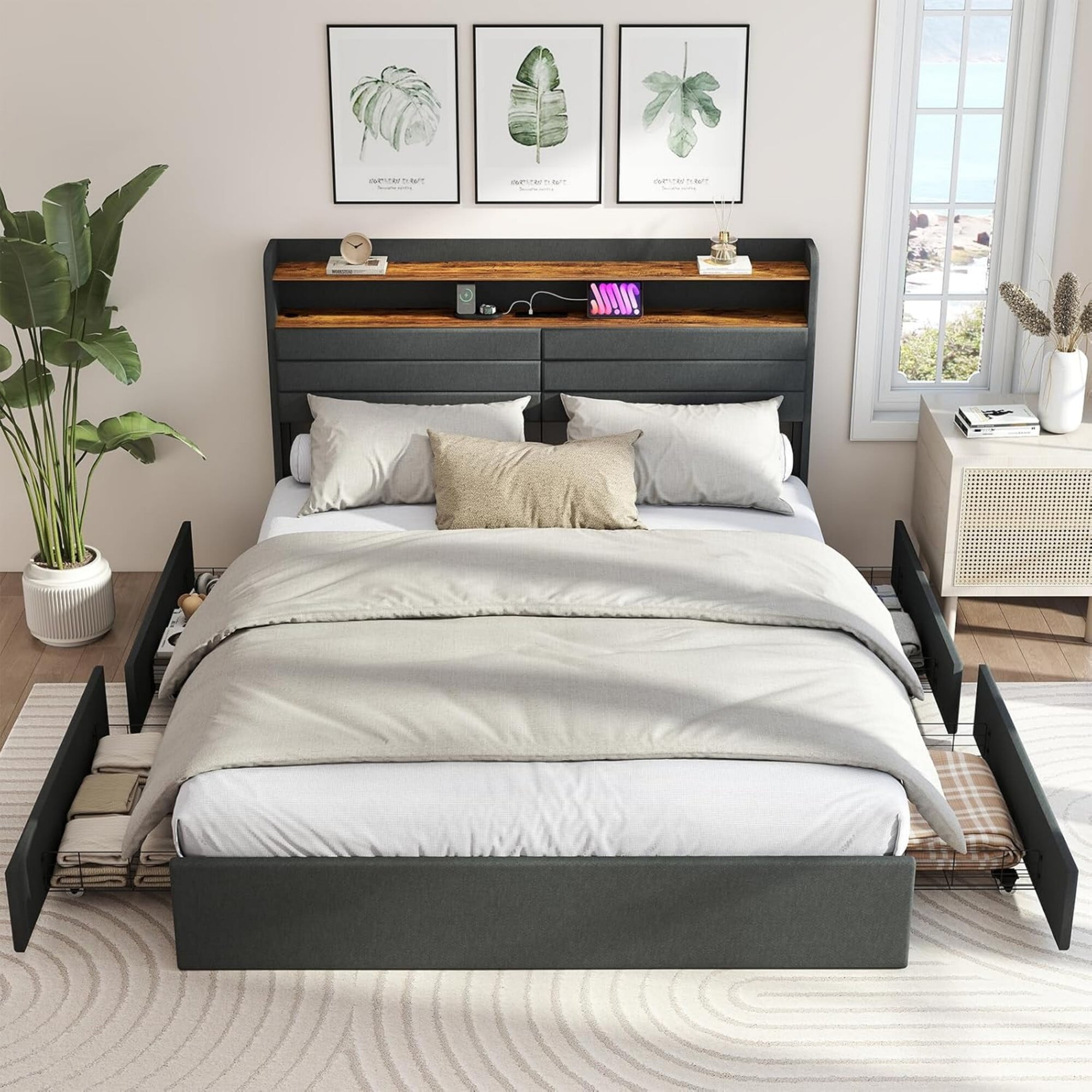 AENKYO Full Upholstered Platform Bed Frame with Charging Station ...