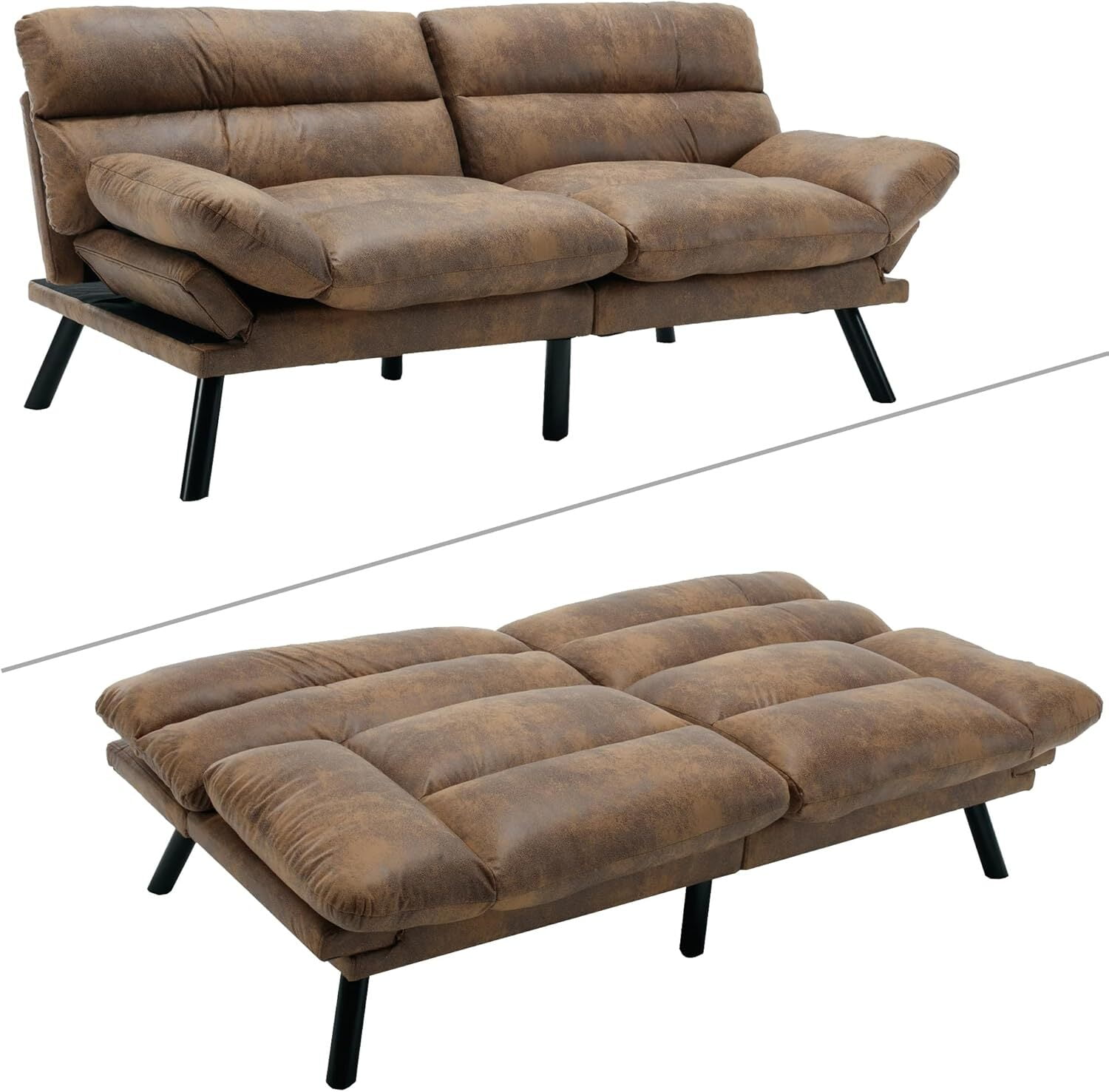 AENKYO Futon Loveseat Sofa Bed 2-Seater, Adjustable Backrest Convertible Sleeper - Brown