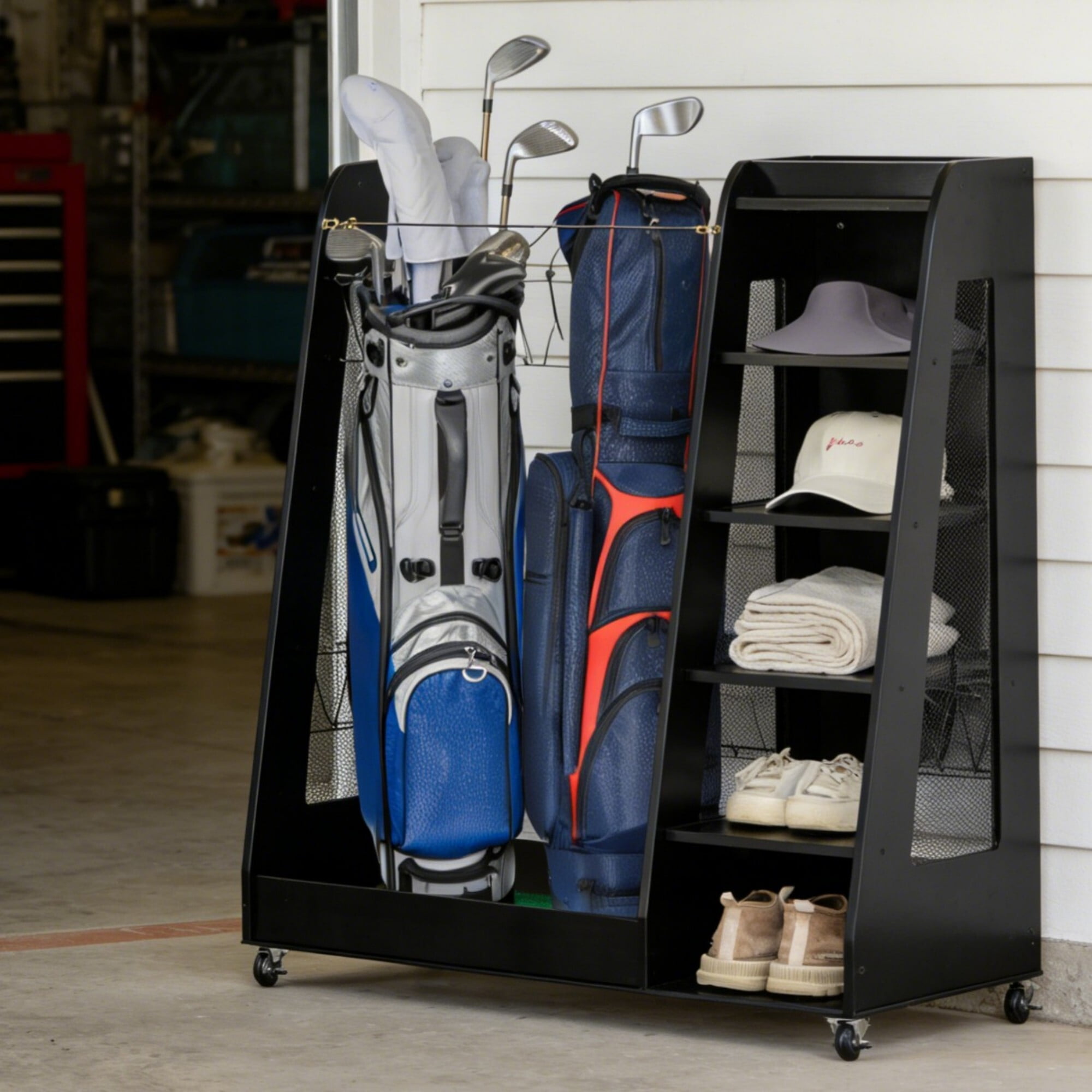 AENKYO Golf Bag Storage Rack Holds 2 Bags, with Shoe & Ball Storage, Mobile Golf Clubs Organizer Cart for Garage, Black