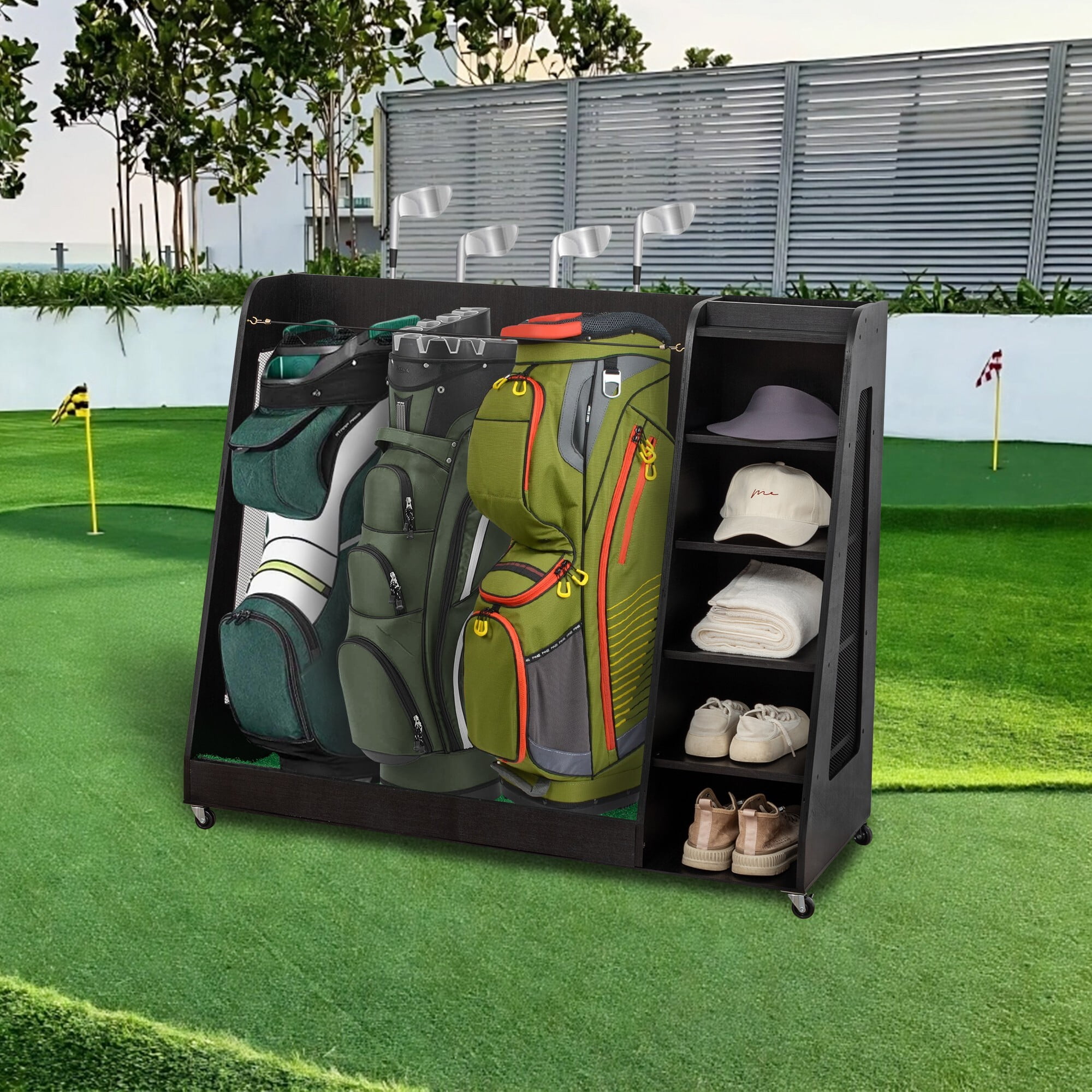 AENKYO Golf Bag Storage Rack Holds 3 Bags & 14 Clubs, with Shoe & Ball Storage, Sturdy Wood Sports Organizer, Black
