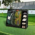 thumbnail image 1 of AENKYO Golf Bag Storage Rack Holds 3 Bags & 14 Clubs, with Shoe & Ball Storage, Sturdy Wood Sports Organizer, Black, 1 of 10