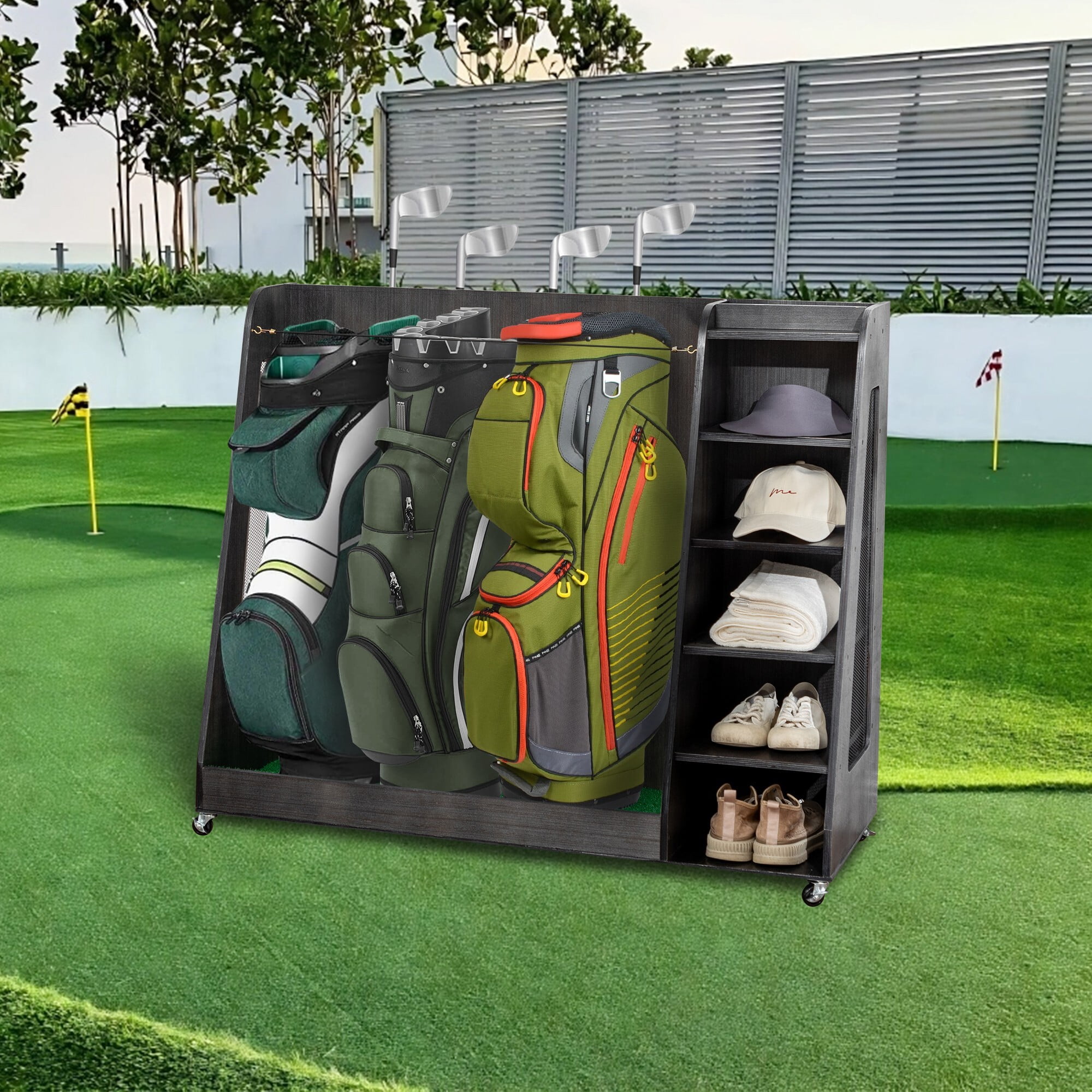 AENKYO Golf Bag Storage Rack Holds 3 Bags & 14 Clubs, with Shoe & Ball Storage, Sturdy Wood Sports Organizer, Gray