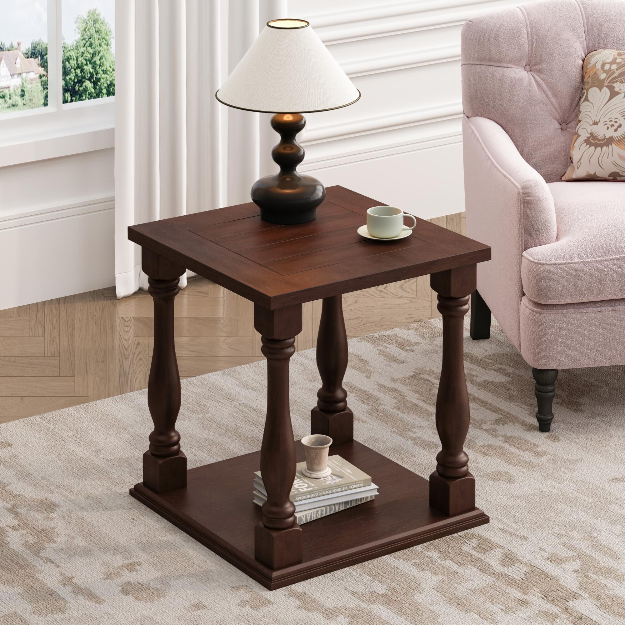 AENKYO Hand-Brushed Glaze Vintage End Table - Solid Wood Legs, 2-Tier Storage, for Bedroom & Living Room, Dark Walnut