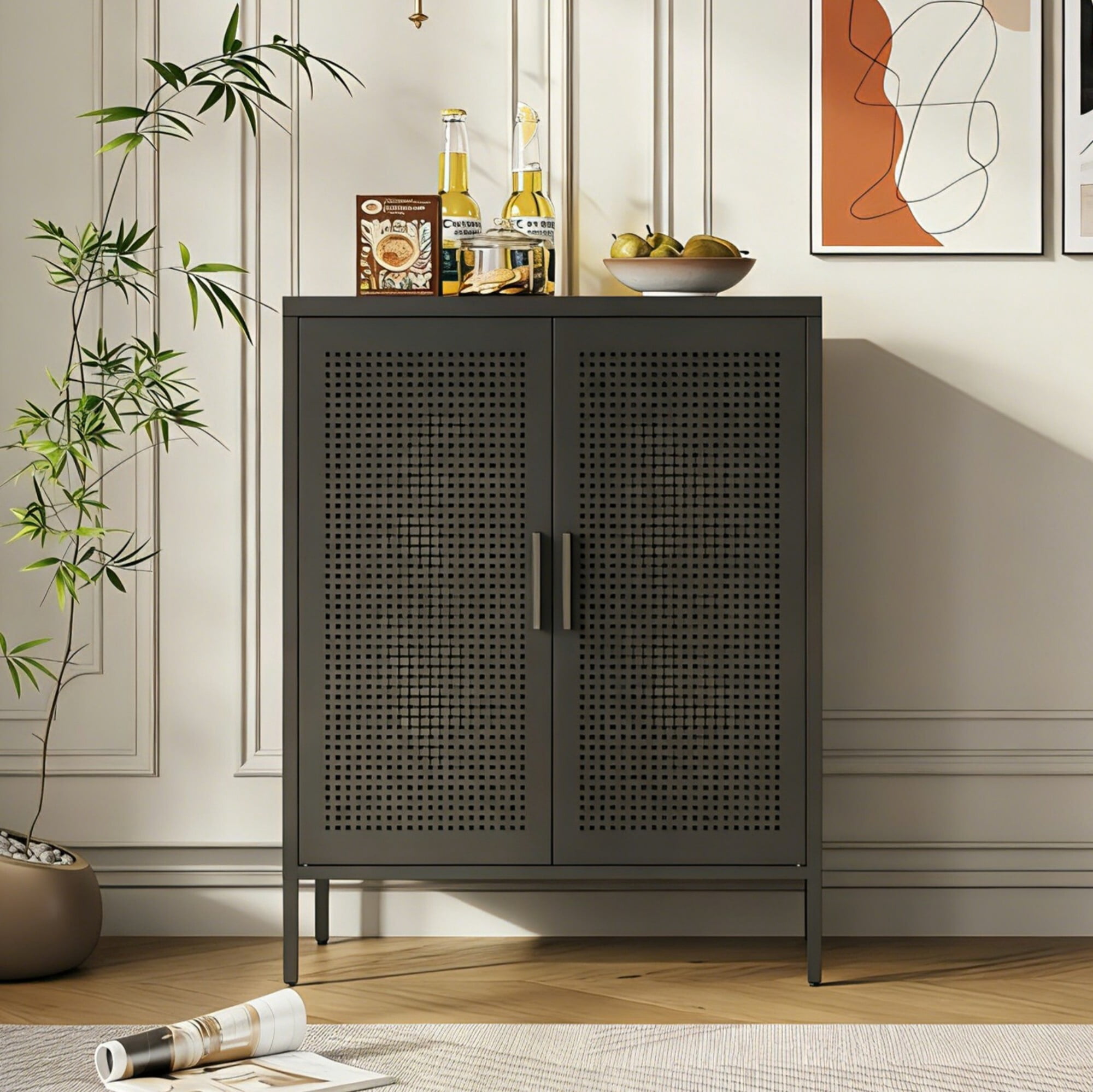 AENKYO Heavy-Duty Steel Cabinet with Ventilated Grid Doors & Gold Handle, Adjustable Shelves, for Home & Office, Black