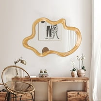 AENKYO Irregular Wall Mirror, Asymmetrical Wavy Wood Frame Decorative Mirror for Bedroom and Bathroom, Natural