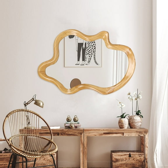 AENKYO Irregular Wall Mirror, Asymmetrical Wavy Wood Frame Decorative Mirror for Bedroom and Bathroom, Natural
