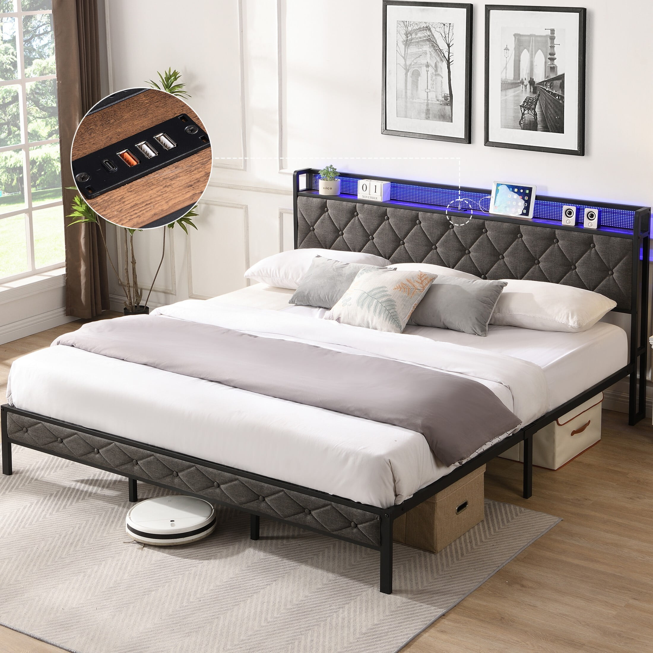 AENKYO King Size Bed Frame Upholstered Backrest Bed with LED Lights, Platform Bed Frame with Charging Station, Dark Gray