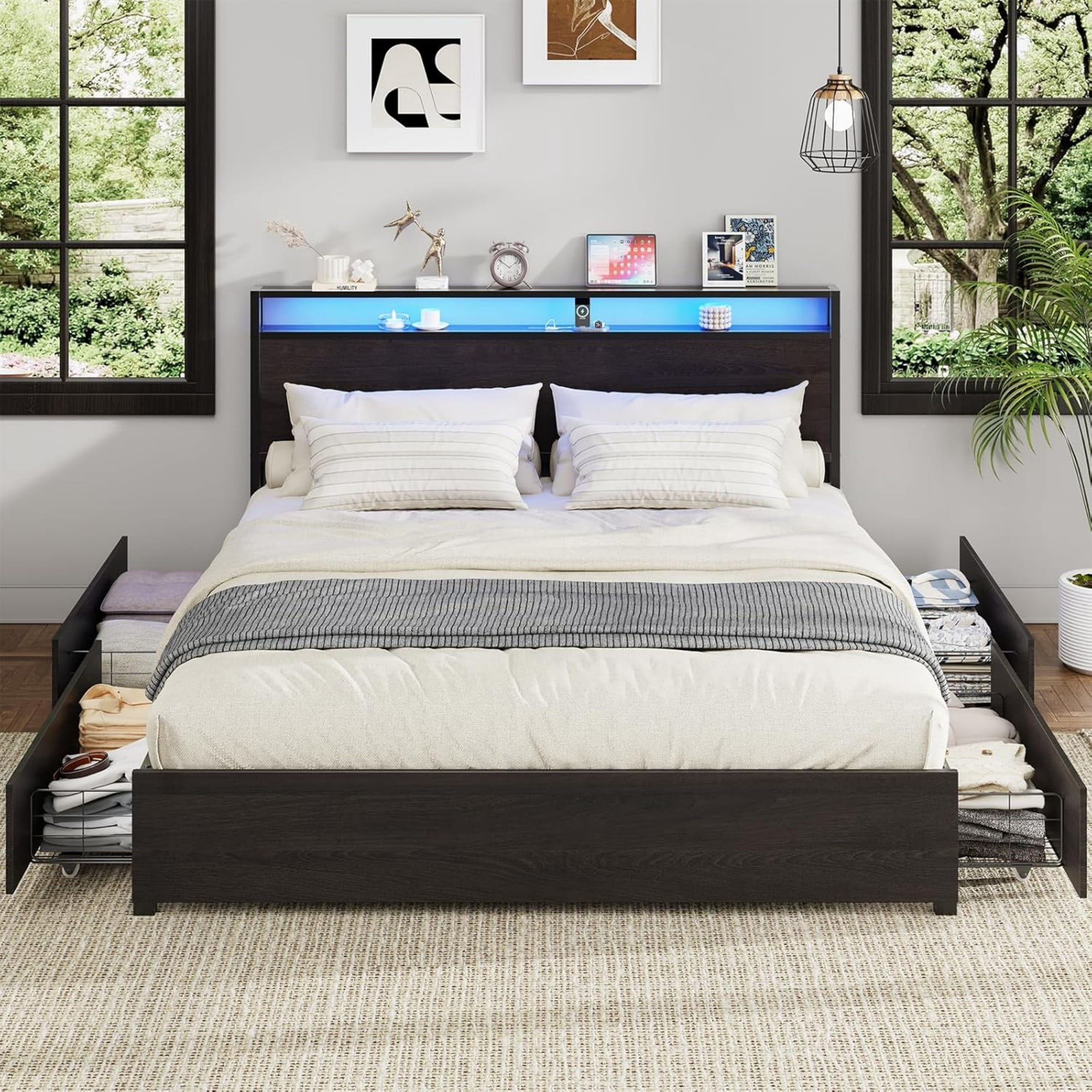AENKYO King Size Bed Frame with LED Lights, Storage Headboard & 4 Drawers, Built-in Charging Station, Antique Black
