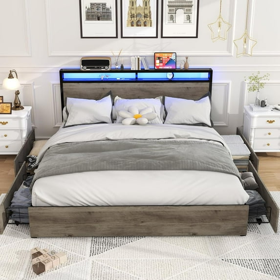 AENKYO King Size Bed Frame with LED Lights, Storage Headboard & 4 Drawers, Built-in Charging Station, Rustic Gray