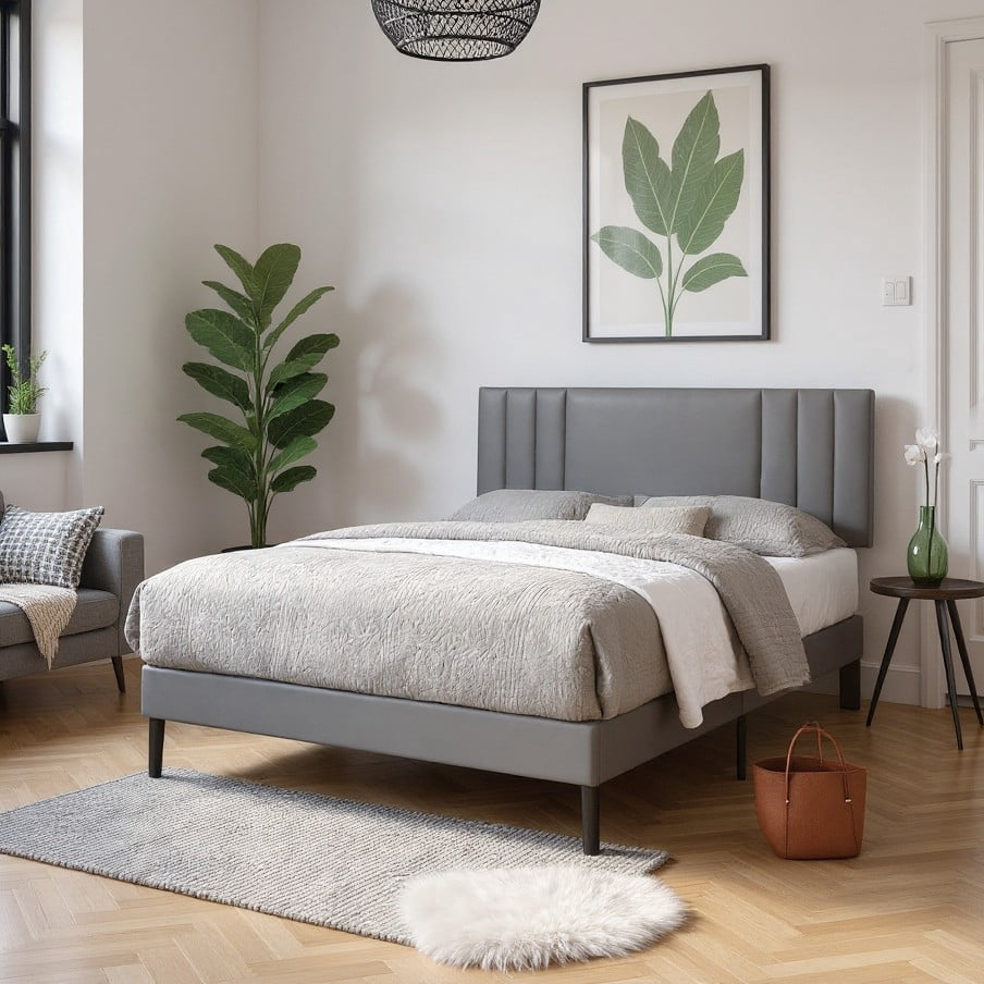 AENKYO King Size Platform Bed Frame with Leather Upholstered Headboard, Gray