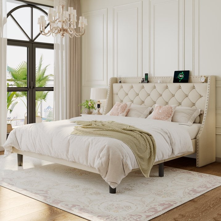 AENKYO King Size Platform Bed with Fast Charging Station, Storage Wingback Headboard, No Box Spring Needed, Beige