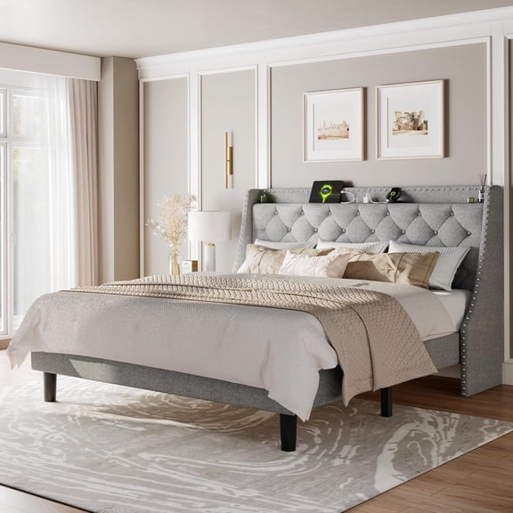 AENKYO King Size Platform Bed with Fast Charging Station, Storage Wingback Headboard, No Box Spring Needed, Gray