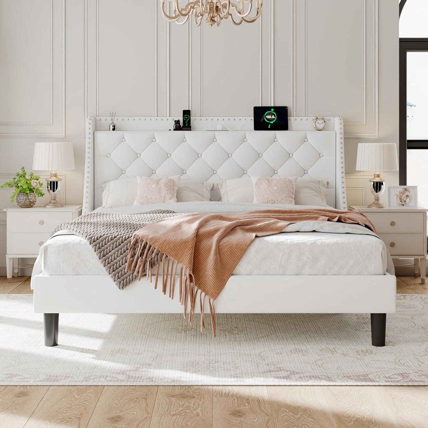 AENKYO King Size Platform Bed with Fast Charging Station, Storage Wingback Headboard, No Box Spring Needed, White